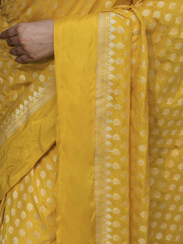 Banarasee Handwoven Semi Katan Saree Zari Buta Design With Plain Border-Yellow