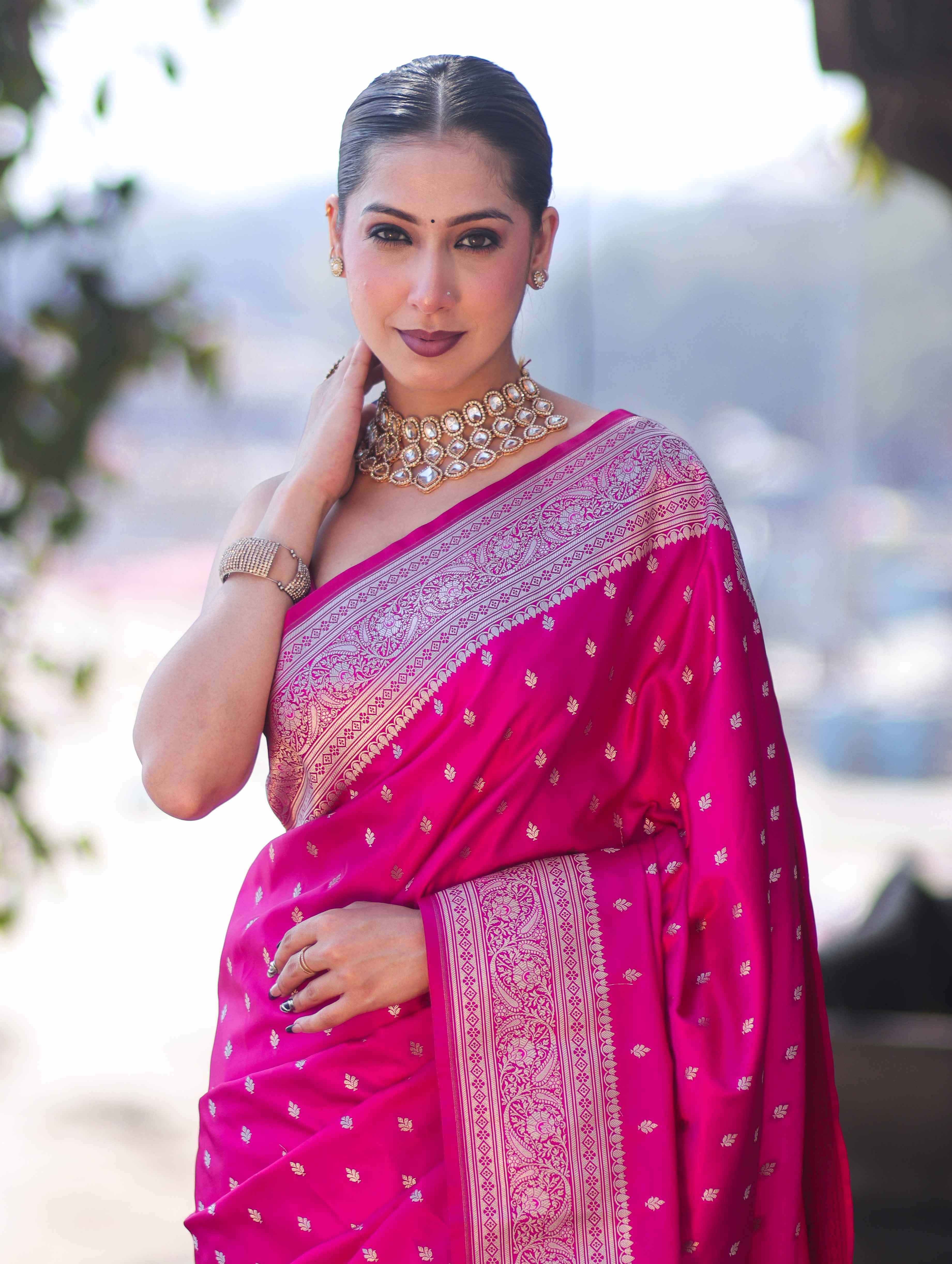 Banarasee Handloom Semi Katan Saree With Zari Buti Design & Border-Pink