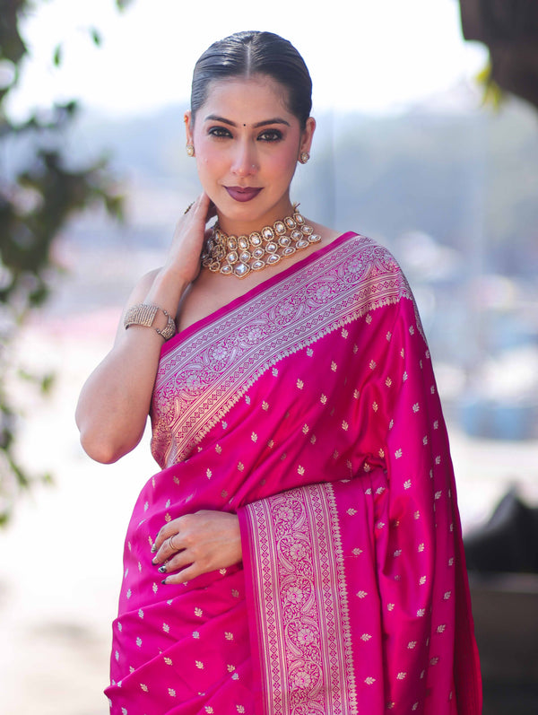 Banarasee Handloom Semi Katan Saree With Zari Buti Design & Border-Pink