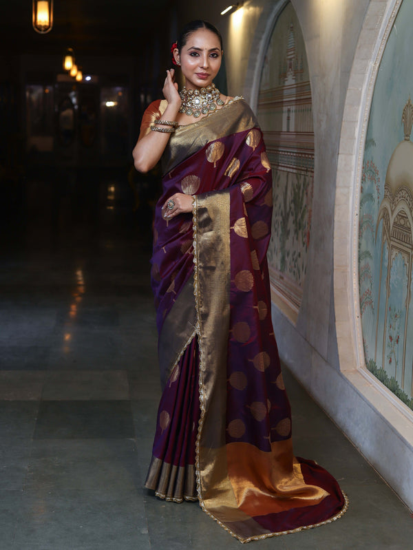 Banarasee Handwoven Semi Silk Saree With Zari Buta Design & Lace-Violet