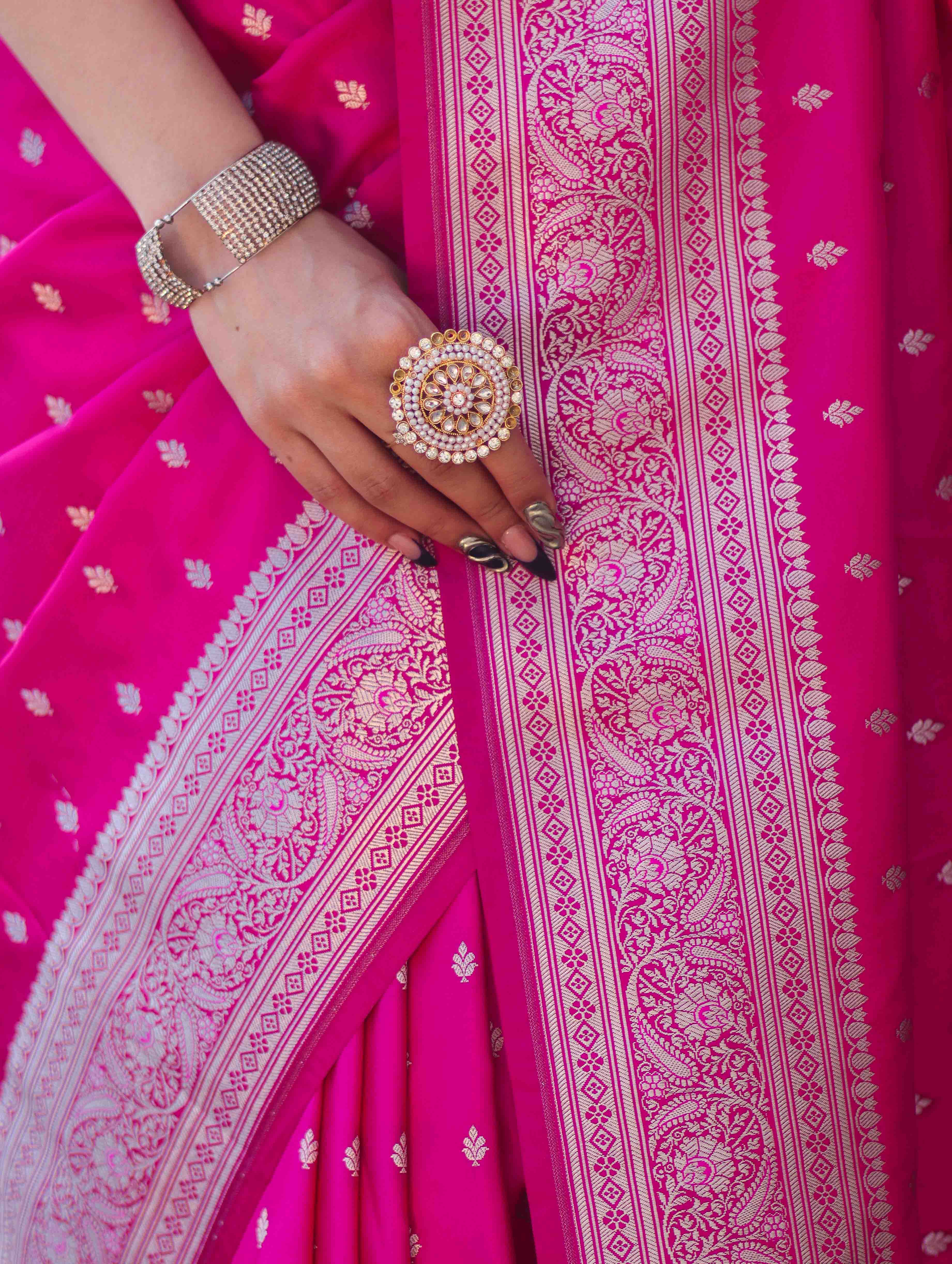 Banarasee Handloom Semi Katan Saree With Zari Buti Design & Border-Pink