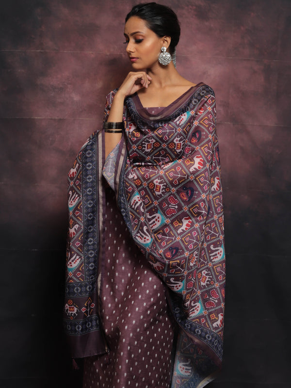 Banarasee Chanderi Silk Zari Buti Salwar Kameez With Patola Dupatta-Plum
