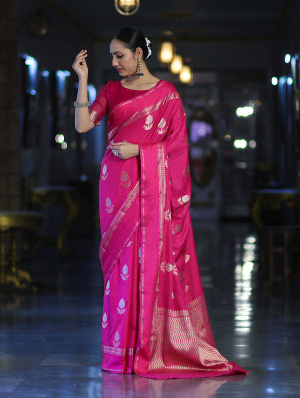 Banarasee Handloom Semi Silk Saree With Buta Design & Plain Border-Magenta