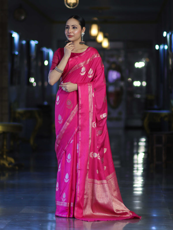 Banarasee Handloom Semi Silk Saree With Buta Design & Plain Border-Magenta