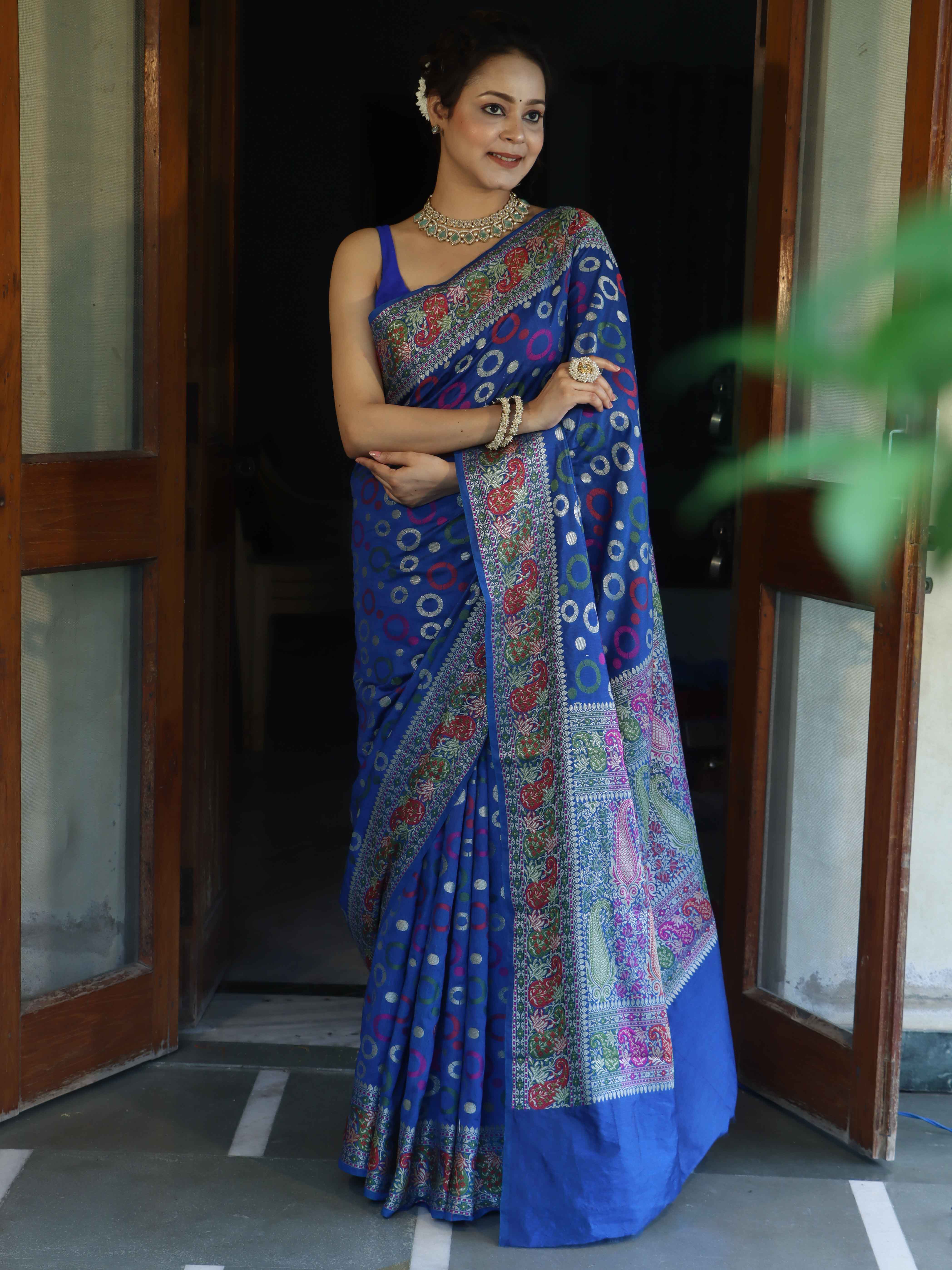 Banarasee Semi Georgette Saree With Resham Buti Design & Border-Cobalt Blue