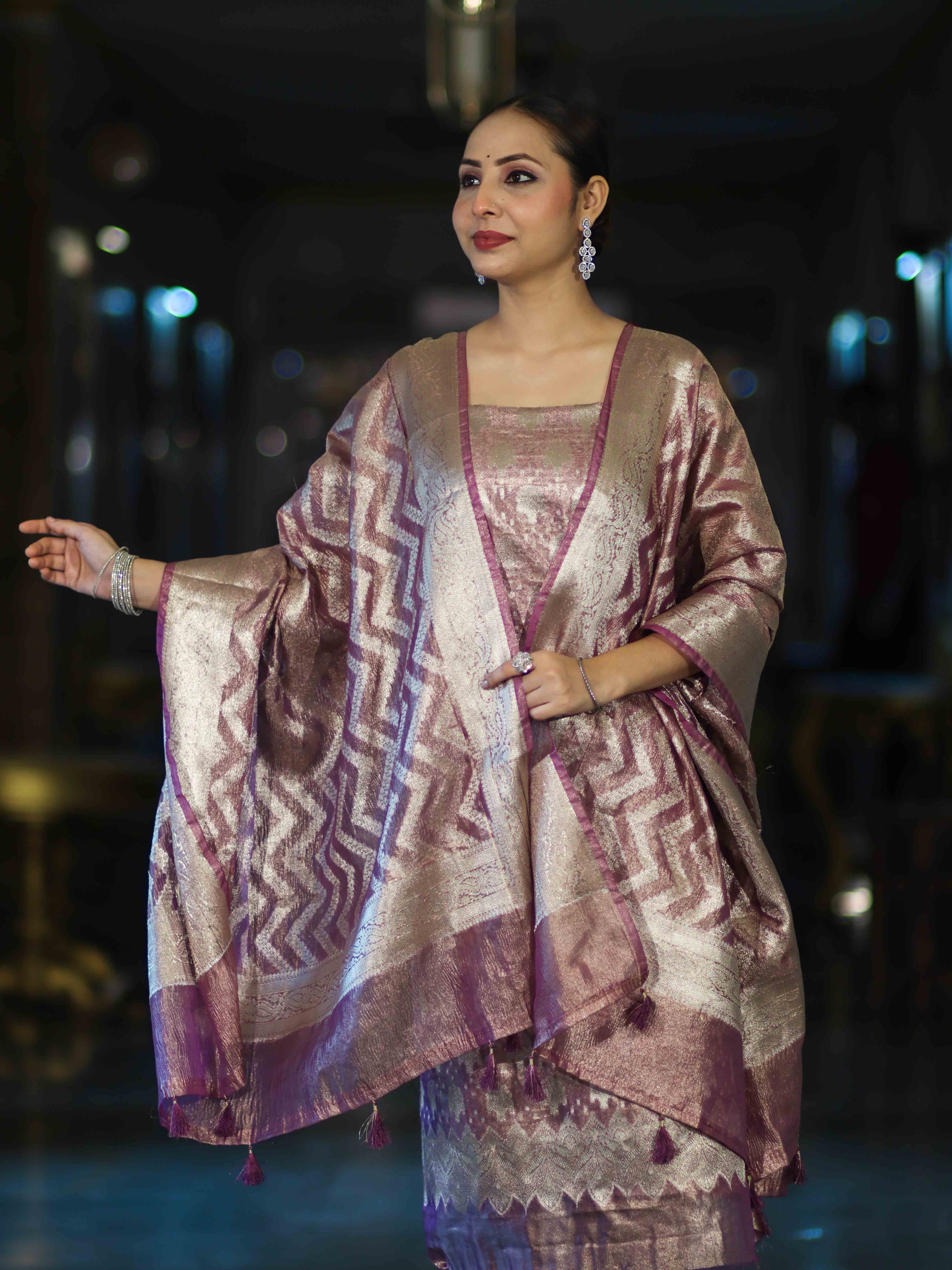 Banarasee Tissue Zari Work Salwar Kameez Fabric With Dupatta Set-Pink