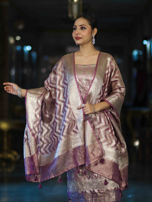Banarasee Tissue Zari Work Salwar Kameez Fabric With Dupatta Set-Pink
