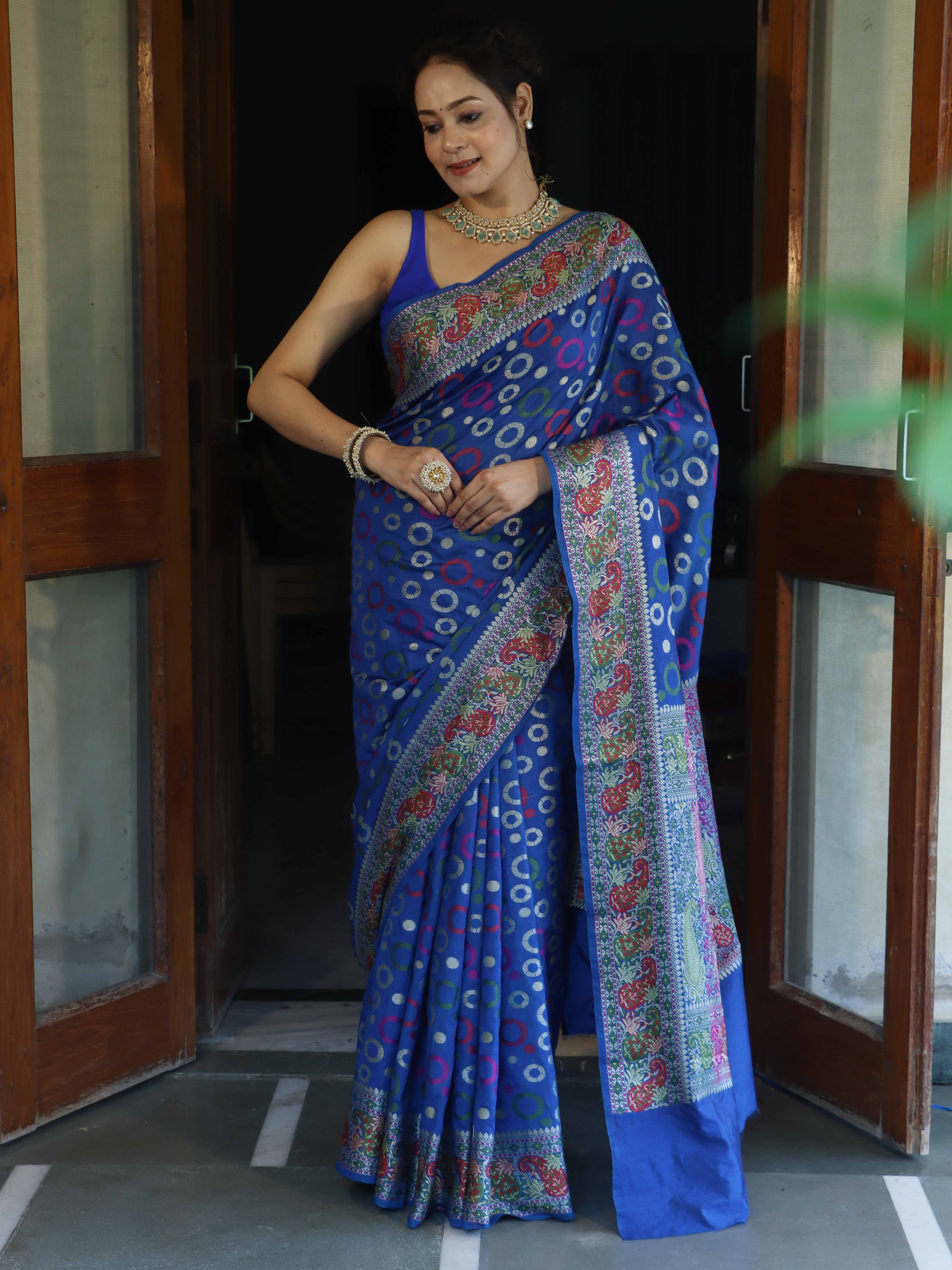 Banarasee Semi Georgette Saree With Resham Buti Design & Border-Cobalt Blue