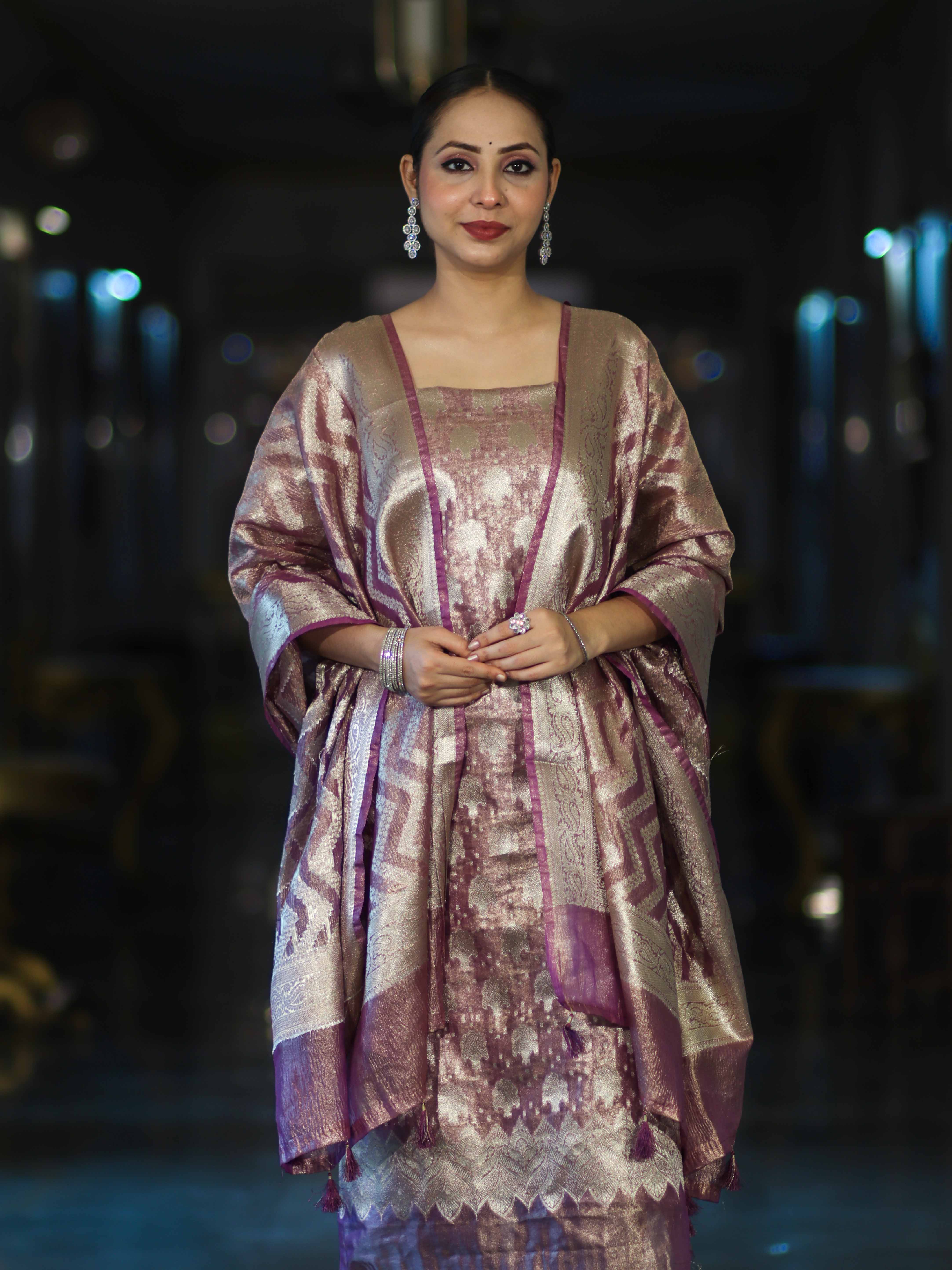 Banarasee Tissue Zari Work Salwar Kameez Fabric With Dupatta Set-Pink