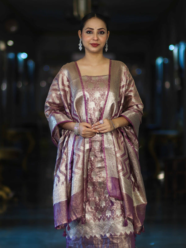 Banarasee Tissue Zari Work Salwar Kameez Fabric With Dupatta Set-Pink