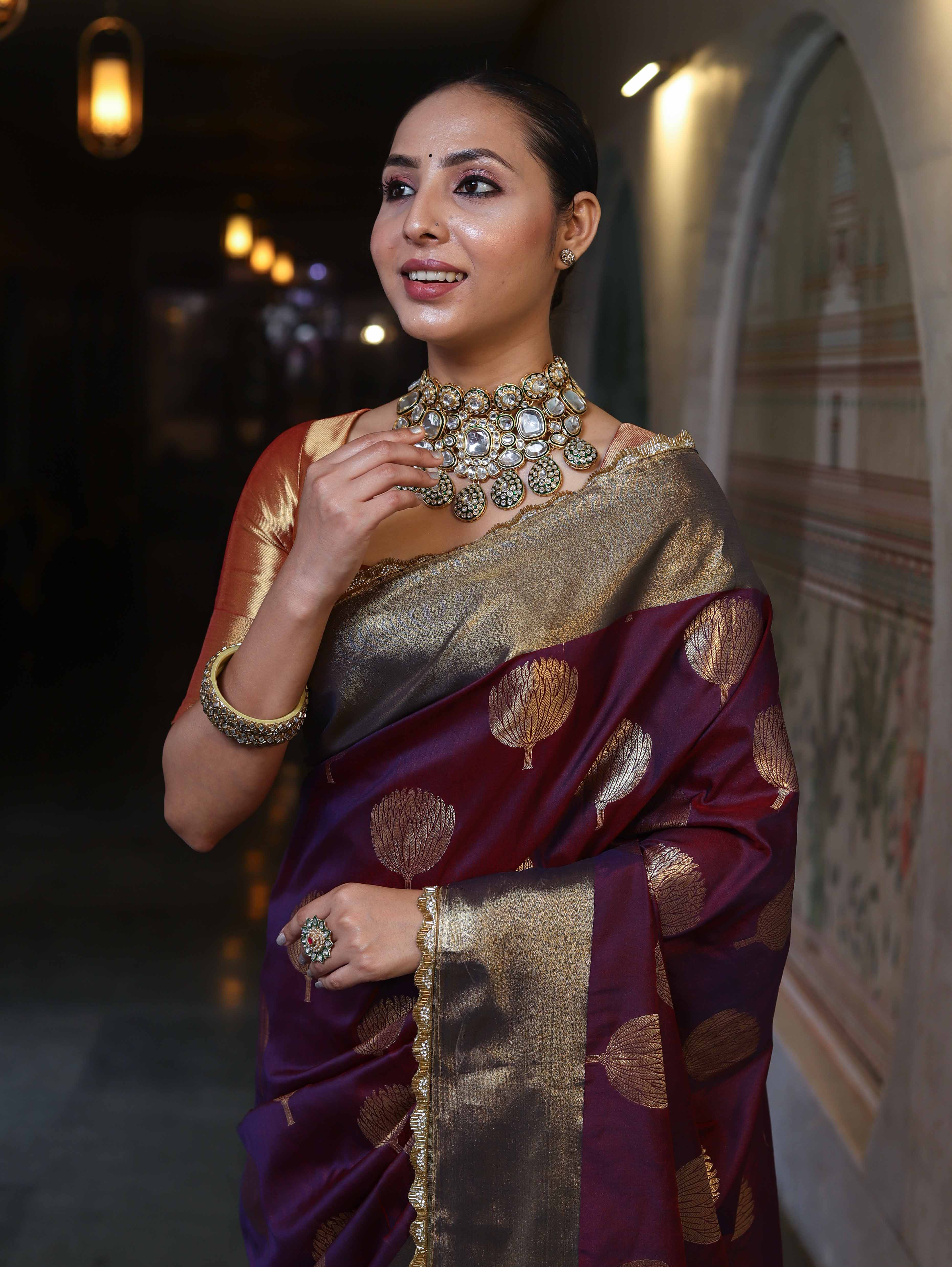 Banarasee Handwoven Semi Silk Saree With Zari Buta Design & Lace-Violet