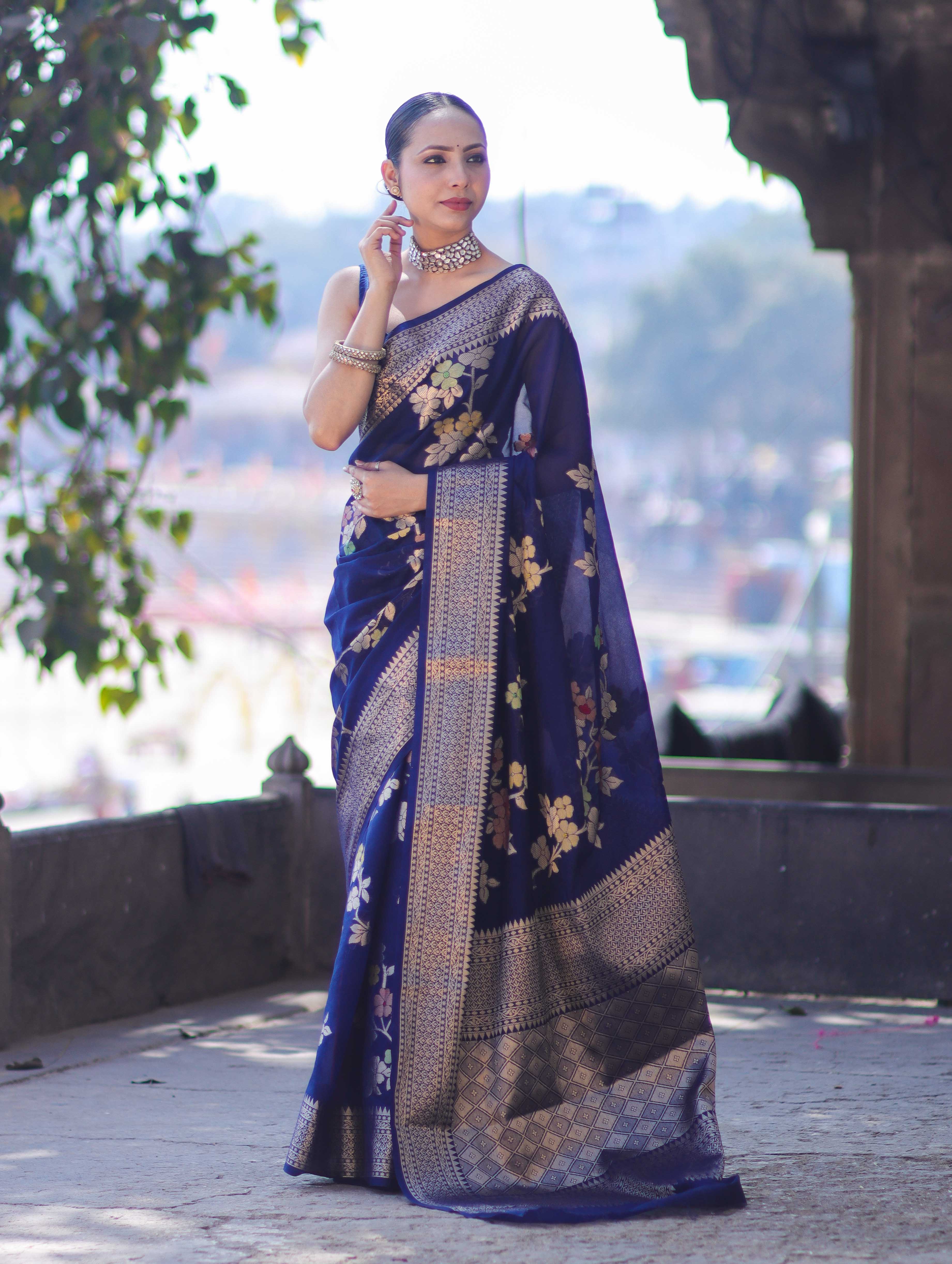 Banarasee Semi Chiffon Saree With Floral Zari Work & Border-Blue