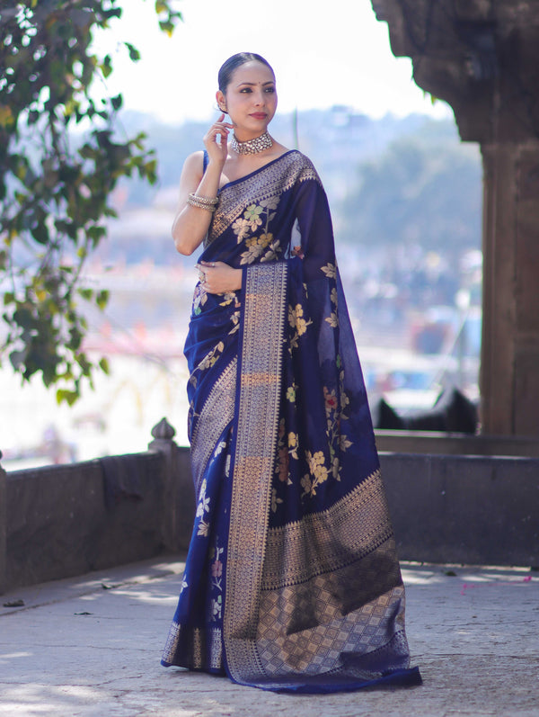 Banarasee Semi Chiffon Saree With Floral Zari Work & Border-Blue