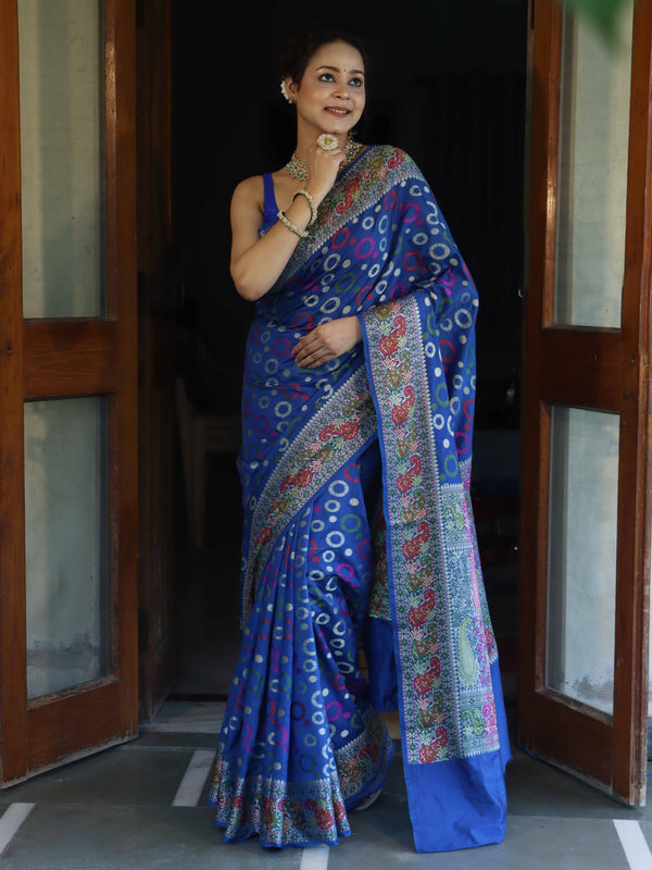 Banarasee Semi Georgette Saree With Resham Buti Design & Border-Cobalt Blue