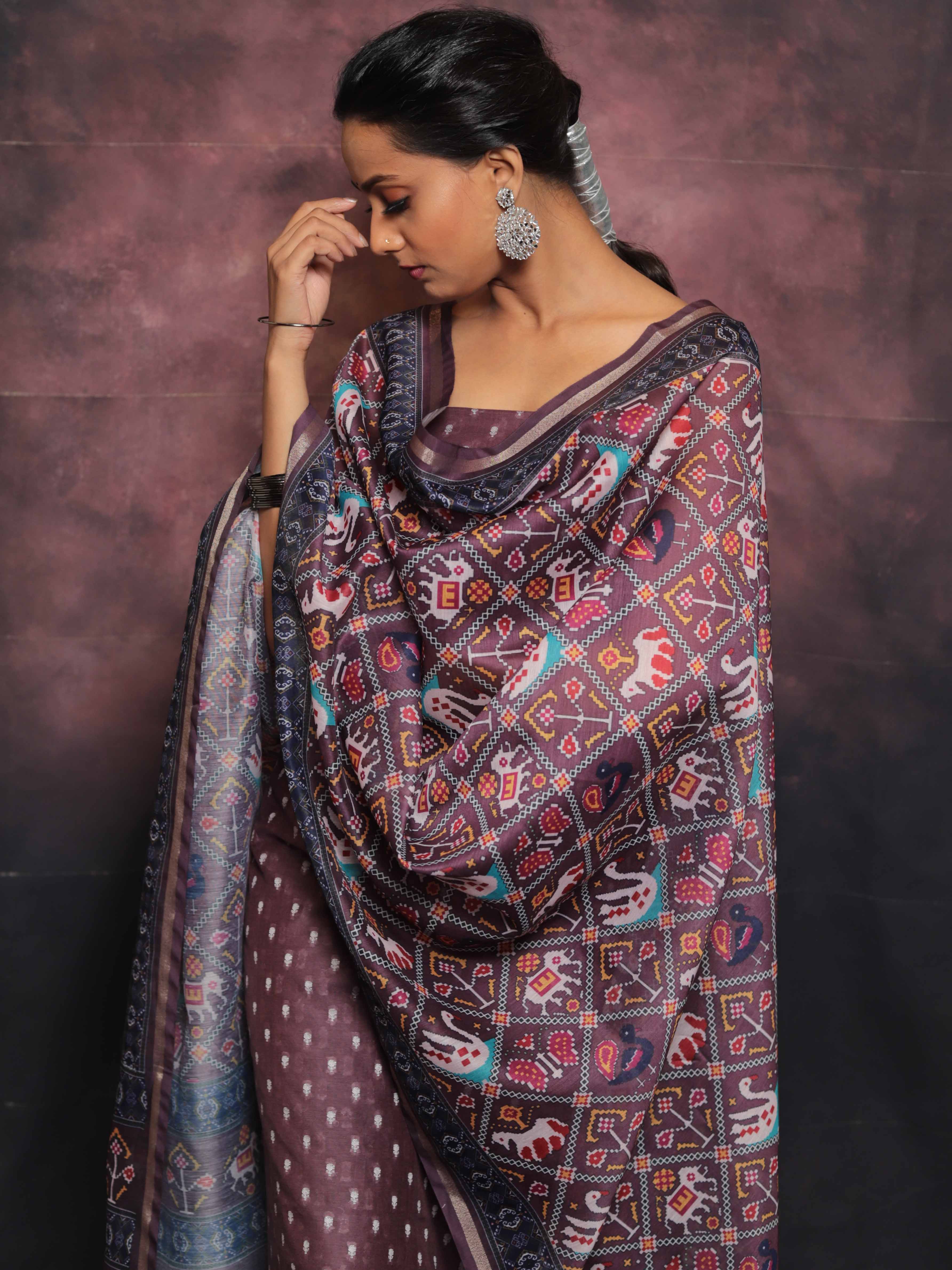 Banarasee Chanderi Silk Zari Buti Salwar Kameez With Patola Dupatta-Plum
