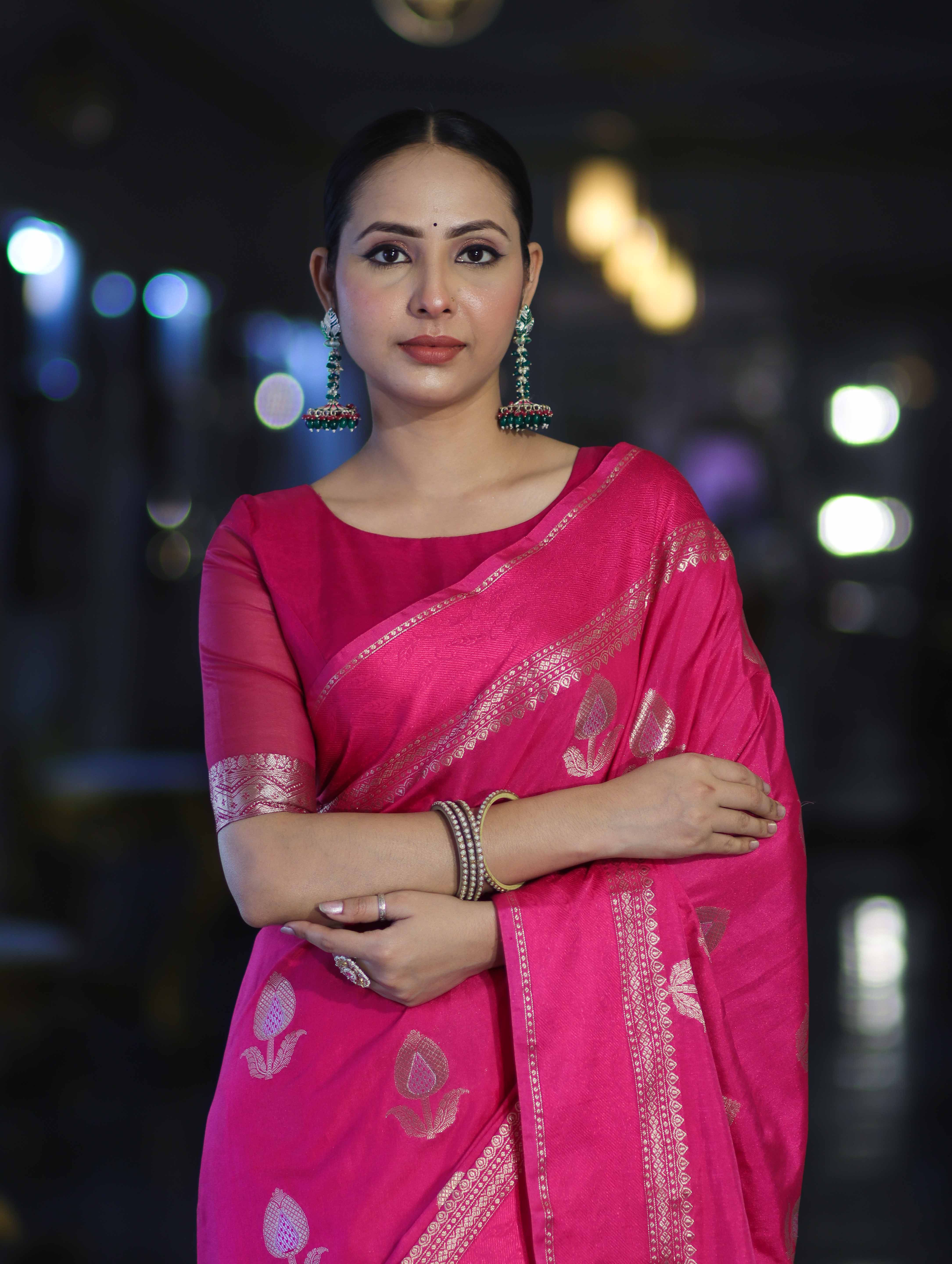Banarasee Handloom Semi Silk Saree With Buta Design & Plain Border-Magenta
