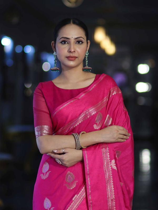 Banarasee Handloom Semi Silk Saree With Buta Design & Plain Border-Magenta