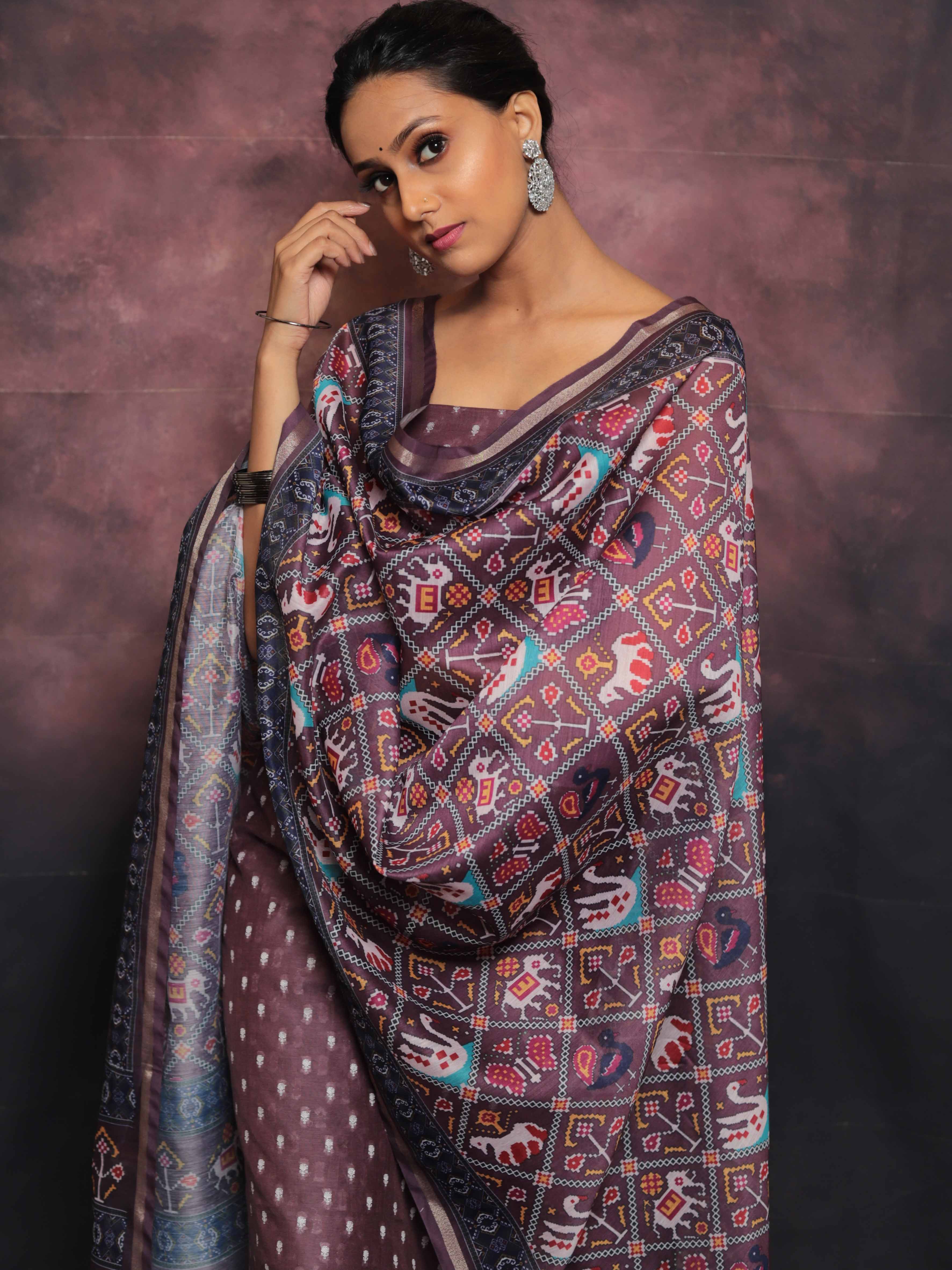 Banarasee Chanderi Silk Zari Buti Salwar Kameez With Patola Dupatta-Plum