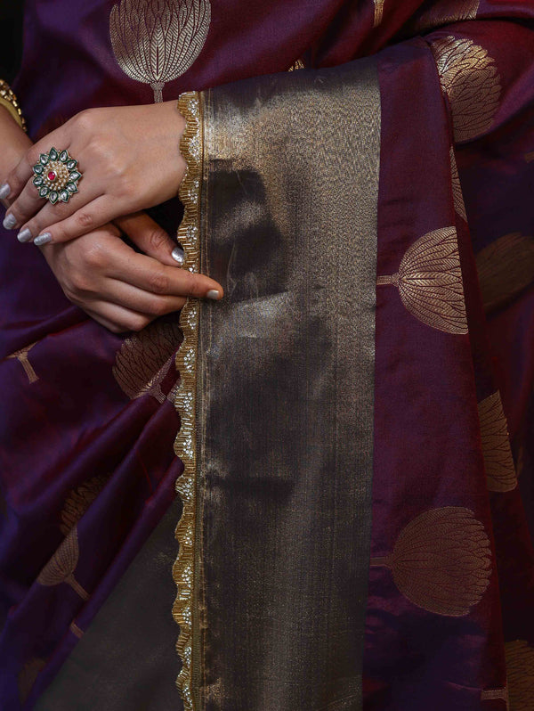 Banarasee Handwoven Semi Silk Saree With Zari Buta Design & Lace-Violet