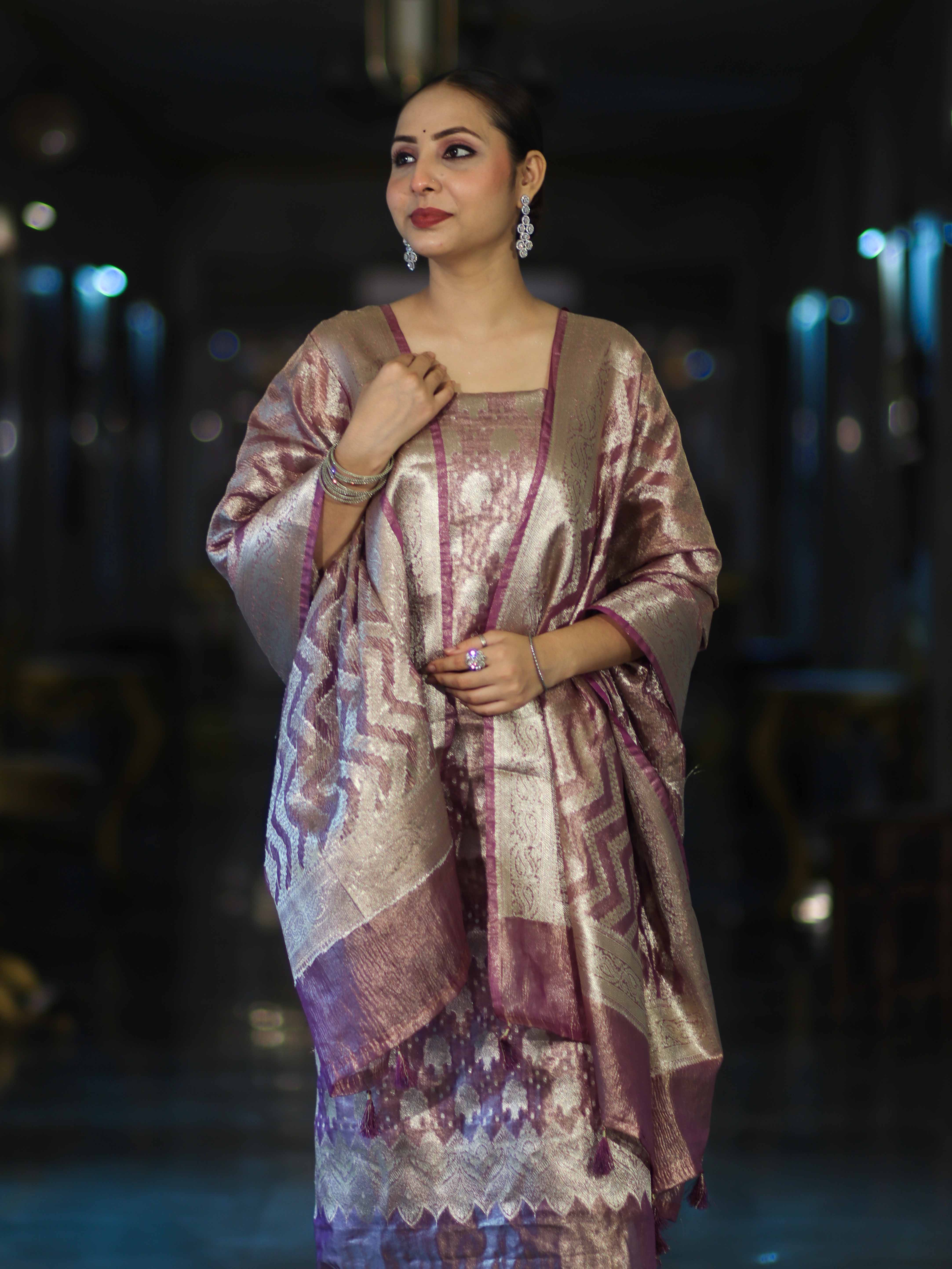 Banarasee Tissue Zari Work Salwar Kameez Fabric With Dupatta Set-Pink