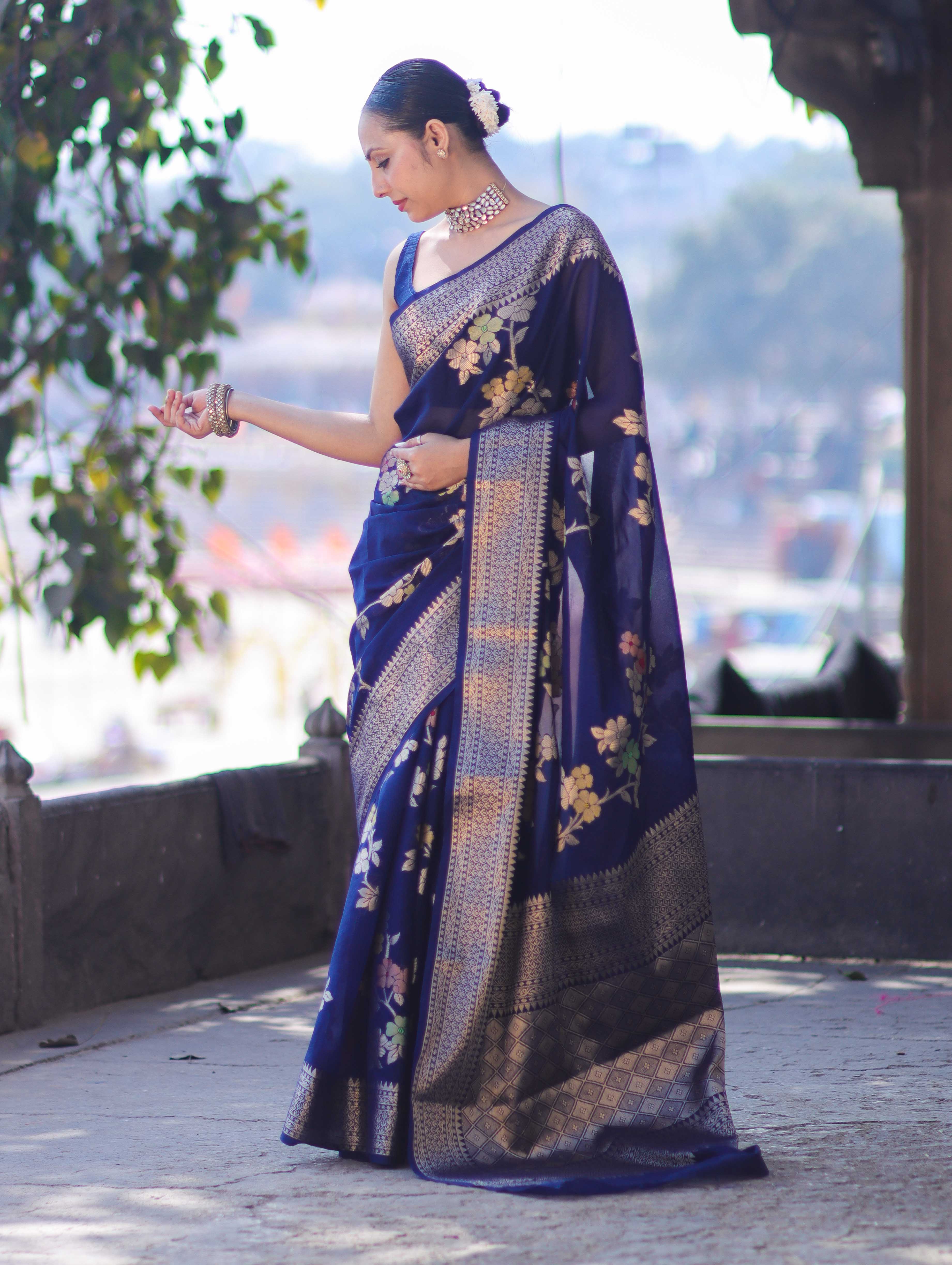 Banarasee Semi Chiffon Saree With Floral Zari Work & Border-Blue