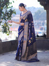 Banarasee Semi Chiffon Saree With Floral Zari Work & Border-Blue