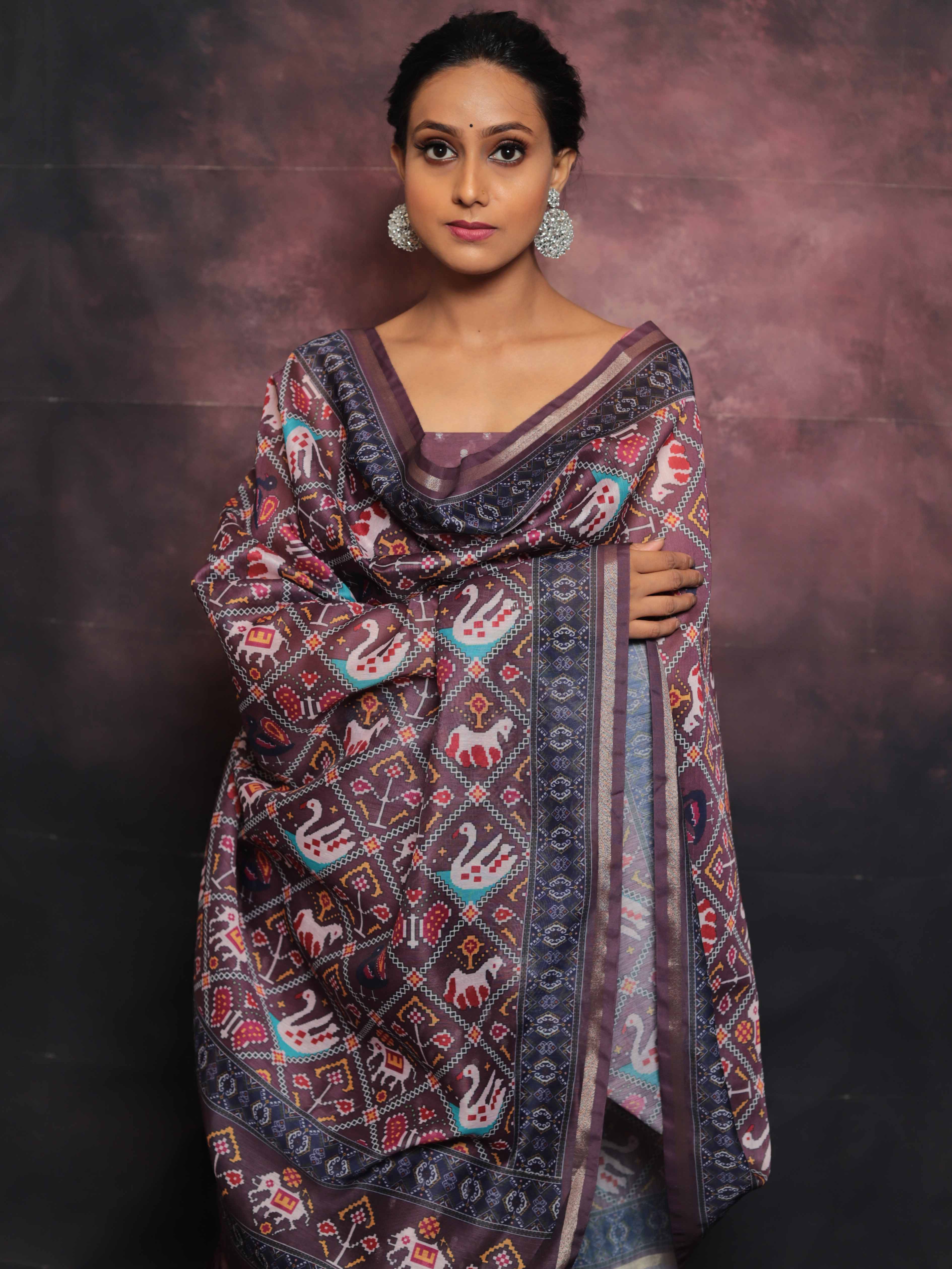 Banarasee Chanderi Silk Zari Buti Salwar Kameez With Patola Dupatta-Plum