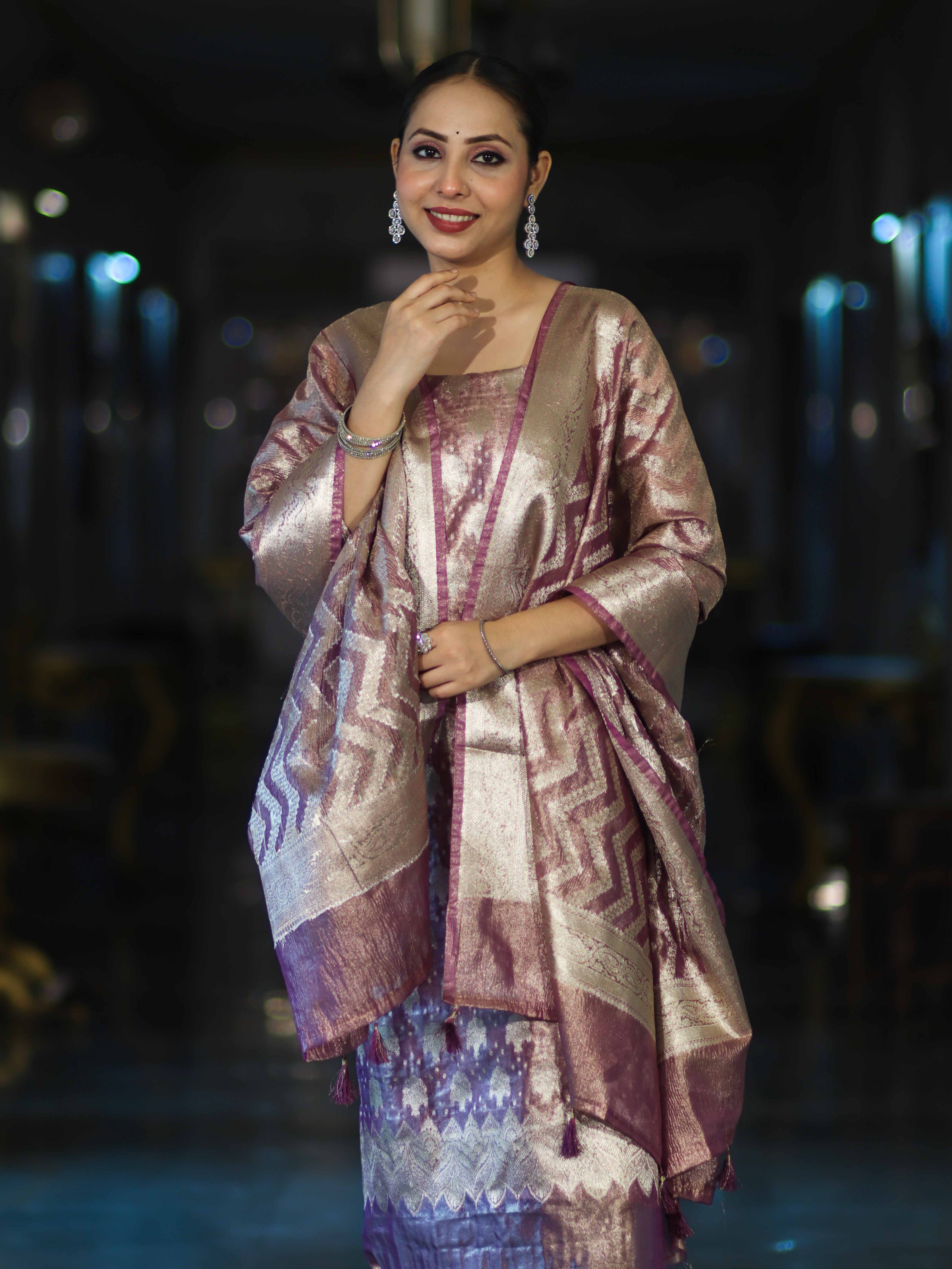 Banarasee Tissue Zari Work Salwar Kameez Fabric With Dupatta Set-Pink