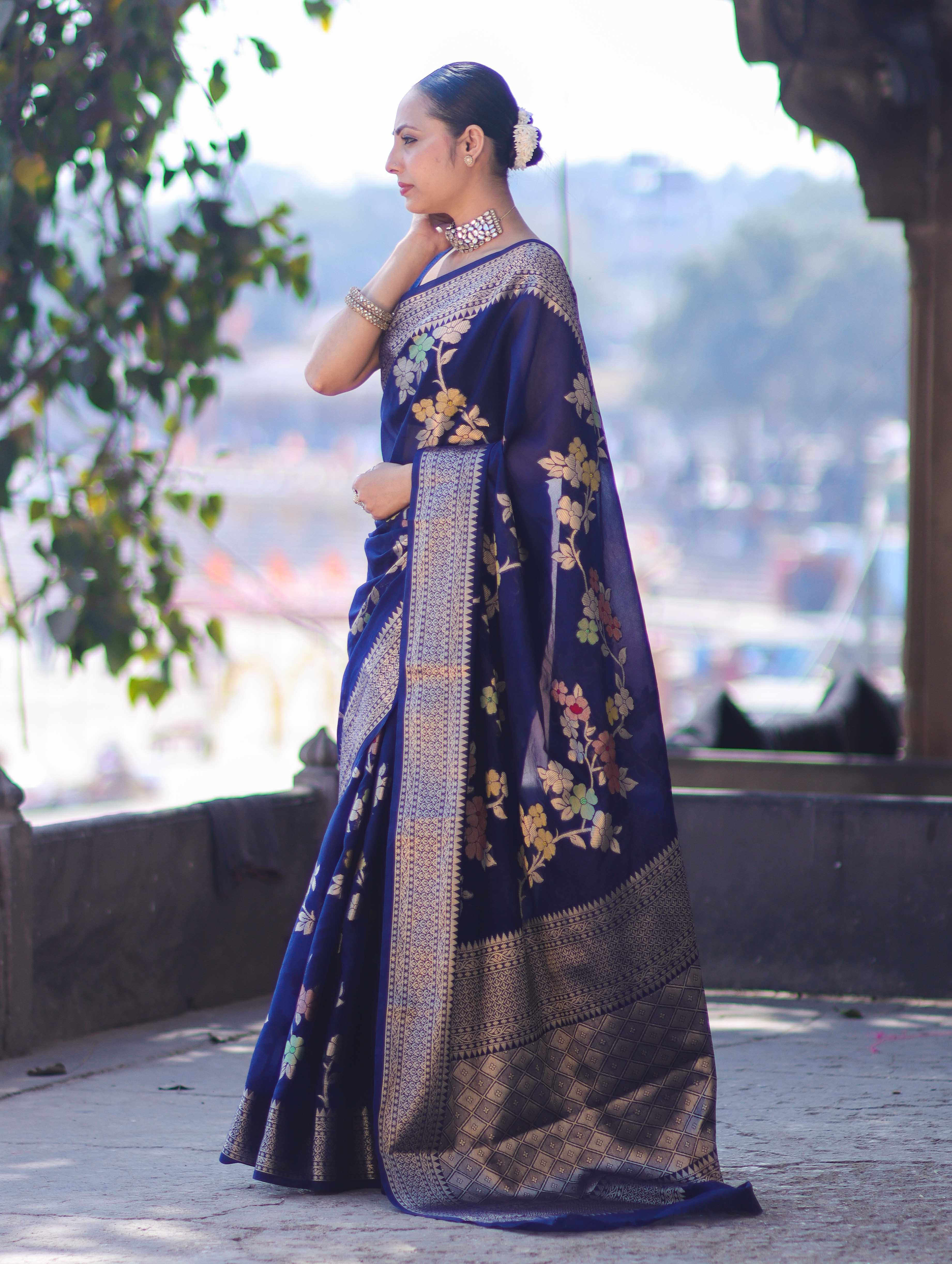 Banarasee Semi Chiffon Saree With Floral Zari Work & Border-Blue