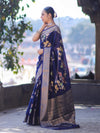 Banarasee Semi Chiffon Saree With Floral Zari Work & Border-Blue