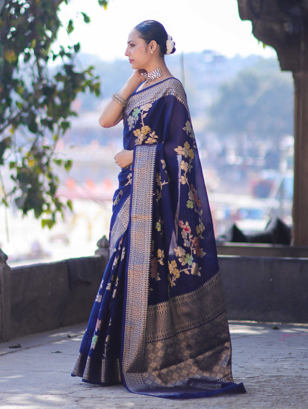 Banarasee Semi Chiffon Saree With Floral Zari Work & Border-Blue