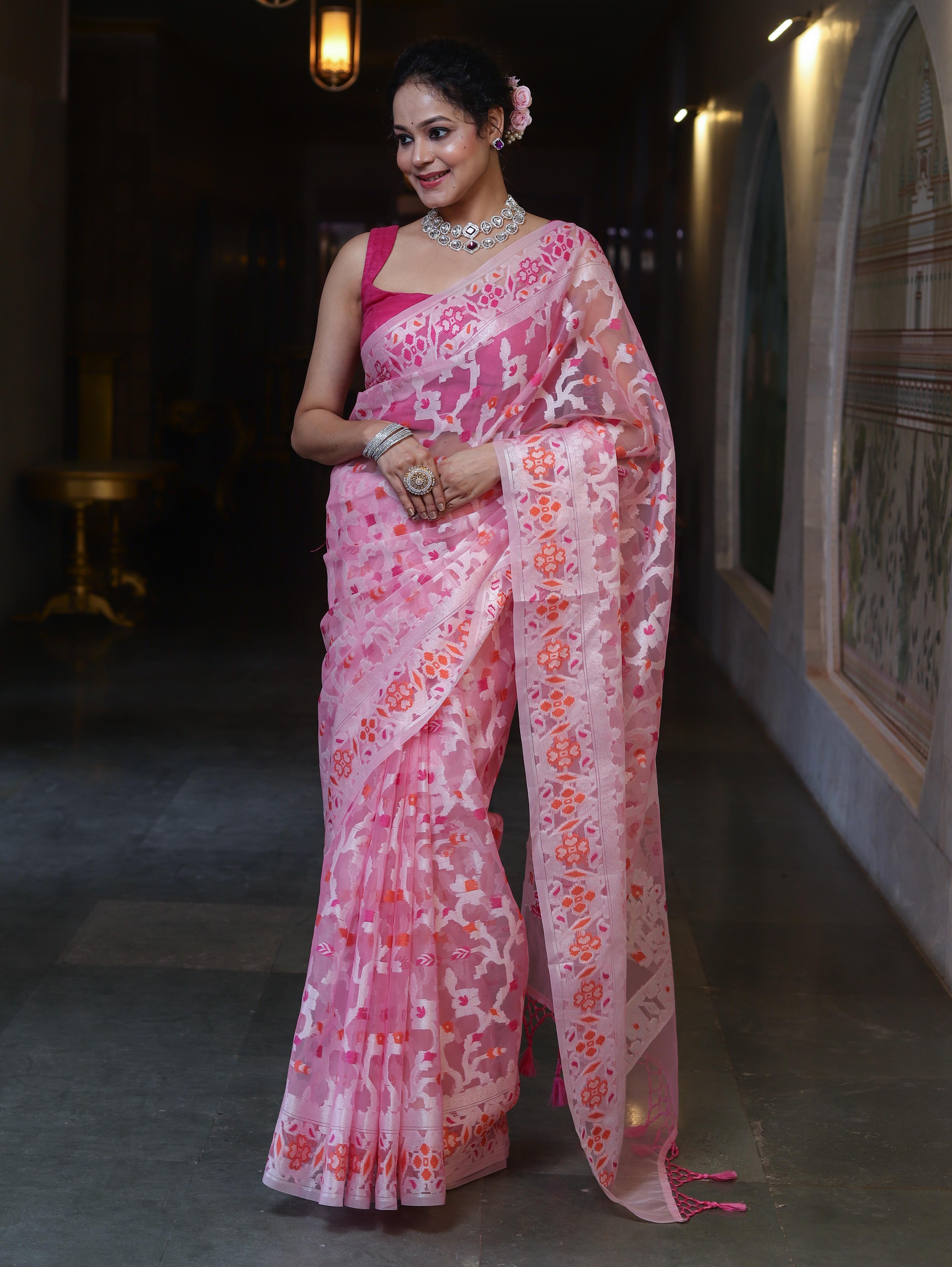 Banarasee Organza Mix Saree With Resham Jaal Design-Light Pink
