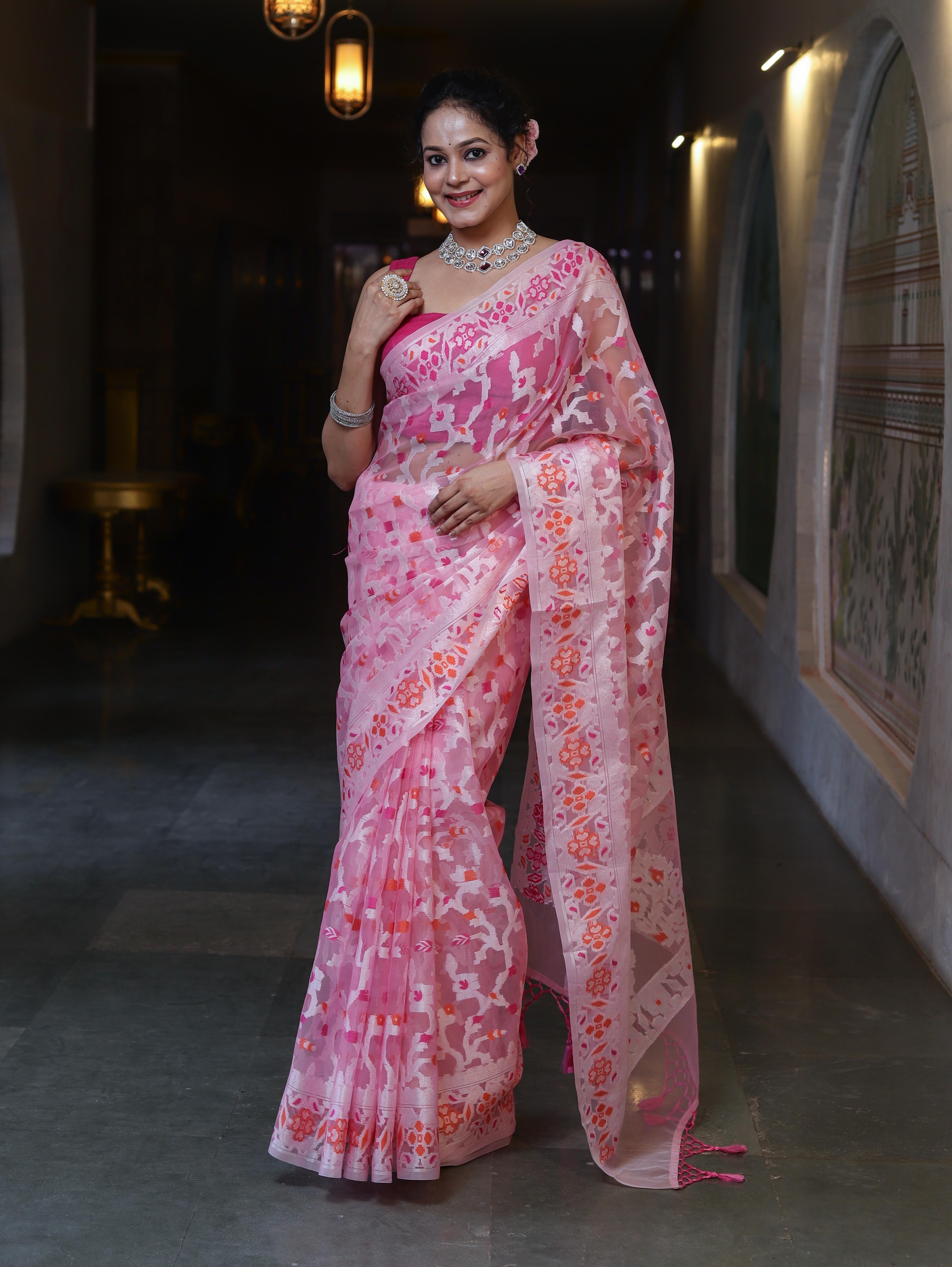 Banarasee Organza Mix Saree With Resham Jaal Design-Light Pink