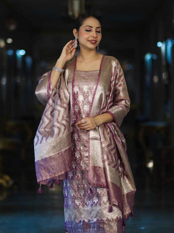 Banarasee Tissue Zari Work Salwar Kameez Fabric With Dupatta Set-Pink
