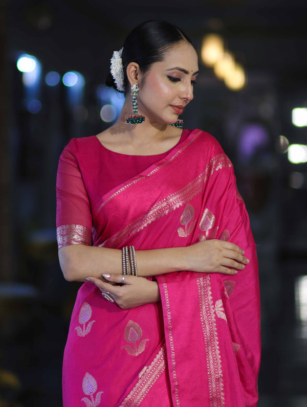 Banarasee Handloom Semi Silk Saree With Buta Design & Plain Border-Magenta