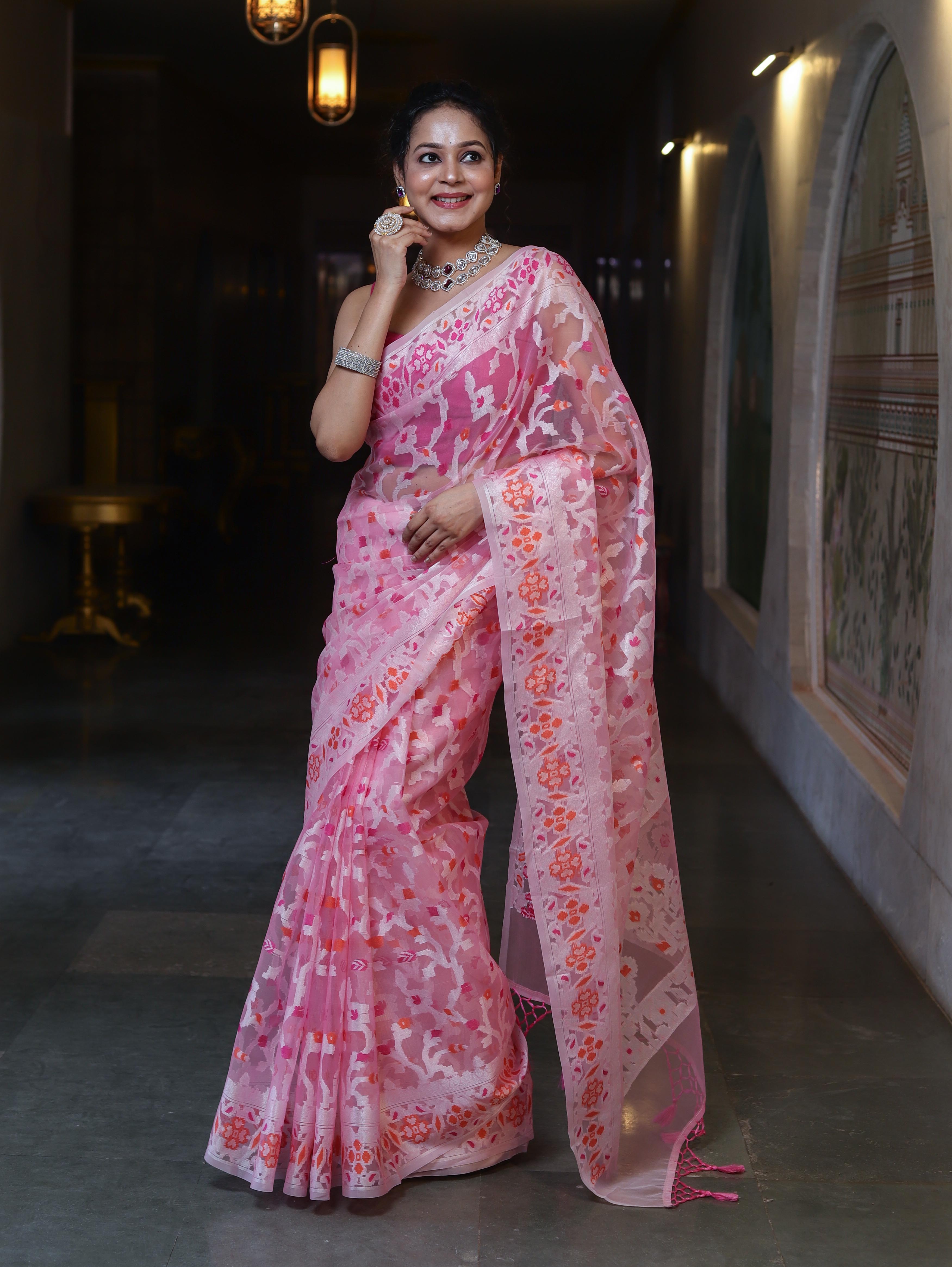 Banarasee Organza Mix Saree With Resham Jaal Design-Light Pink