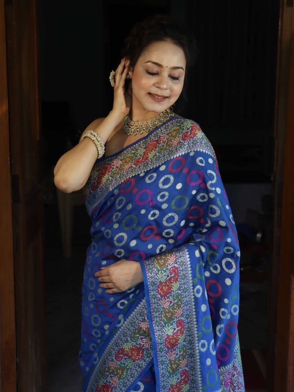 Banarasee Semi Georgette Saree With Resham Buti Design & Border-Cobalt Blue