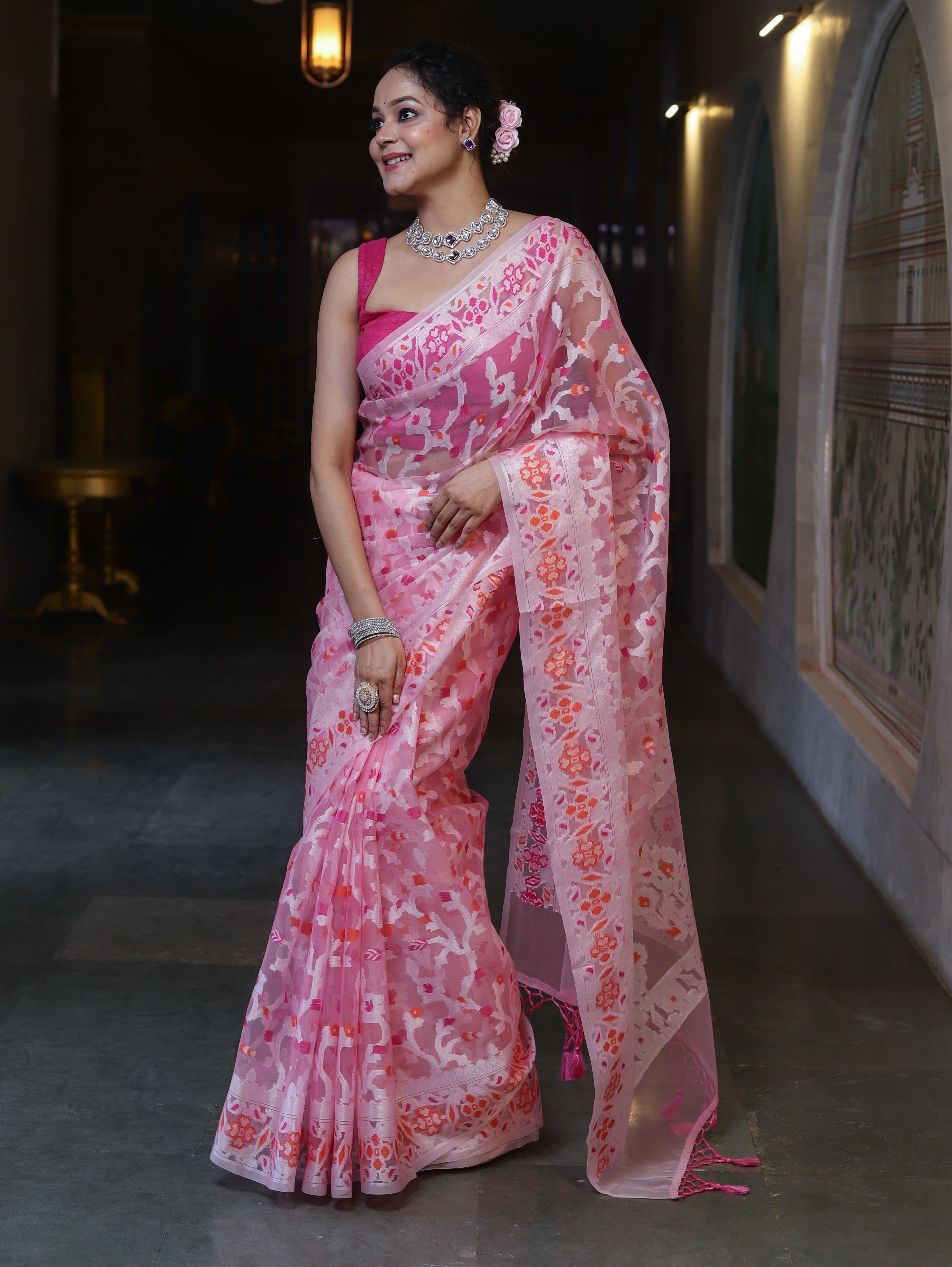 Banarasee Organza Mix Saree With Resham Jaal Design-Light Pink