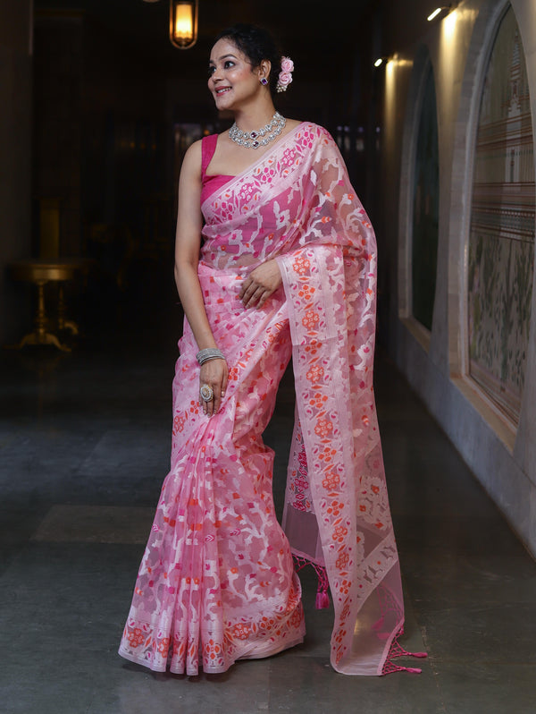 Banarasee Organza Mix Saree With Resham Jaal Design-Light Pink