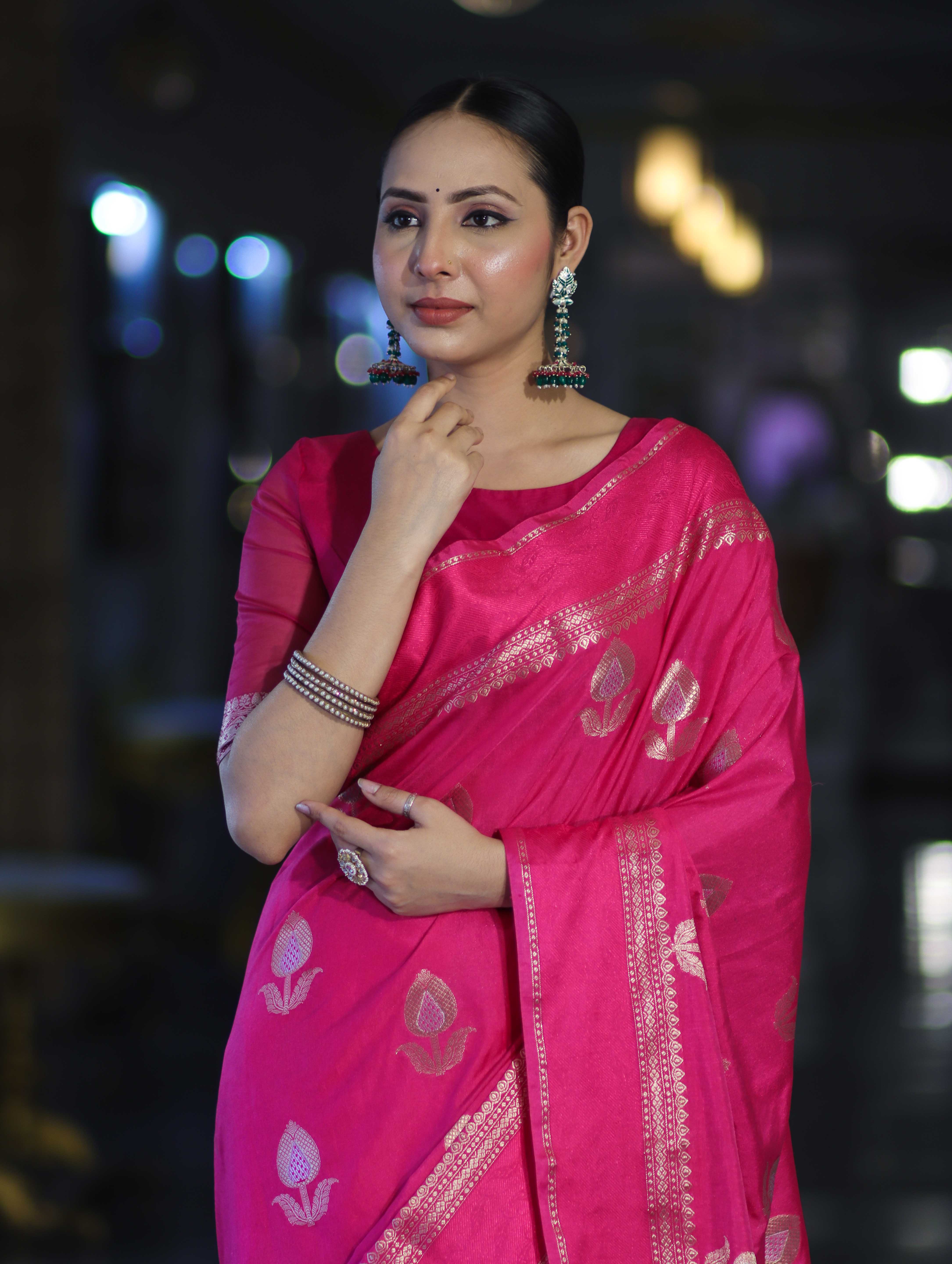 Banarasee Handloom Semi Silk Saree With Buta Design & Plain Border-Magenta