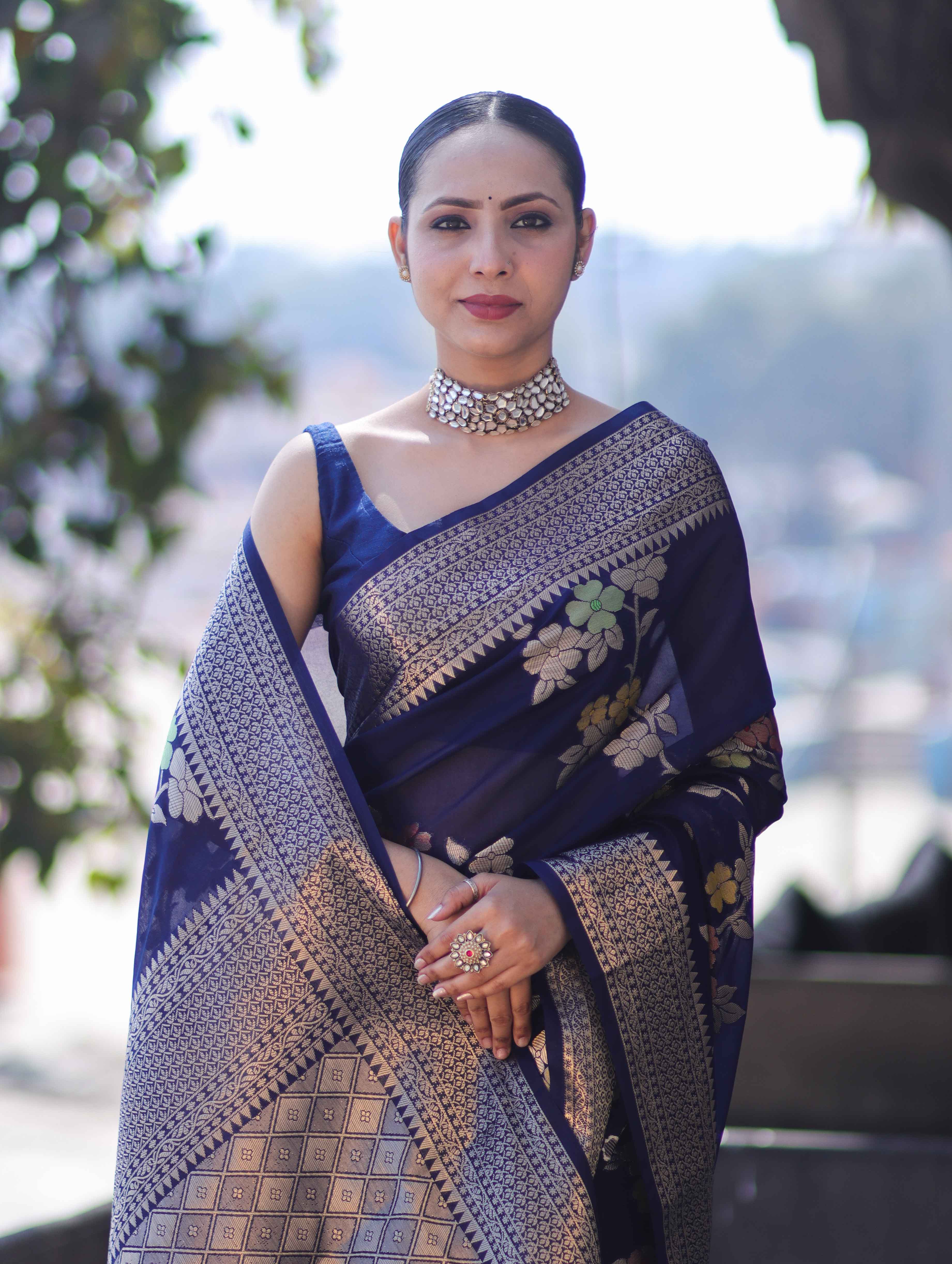 Banarasee Semi Chiffon Saree With Floral Zari Work & Border-Blue