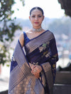 Banarasee Semi Chiffon Saree With Floral Zari Work & Border-Blue