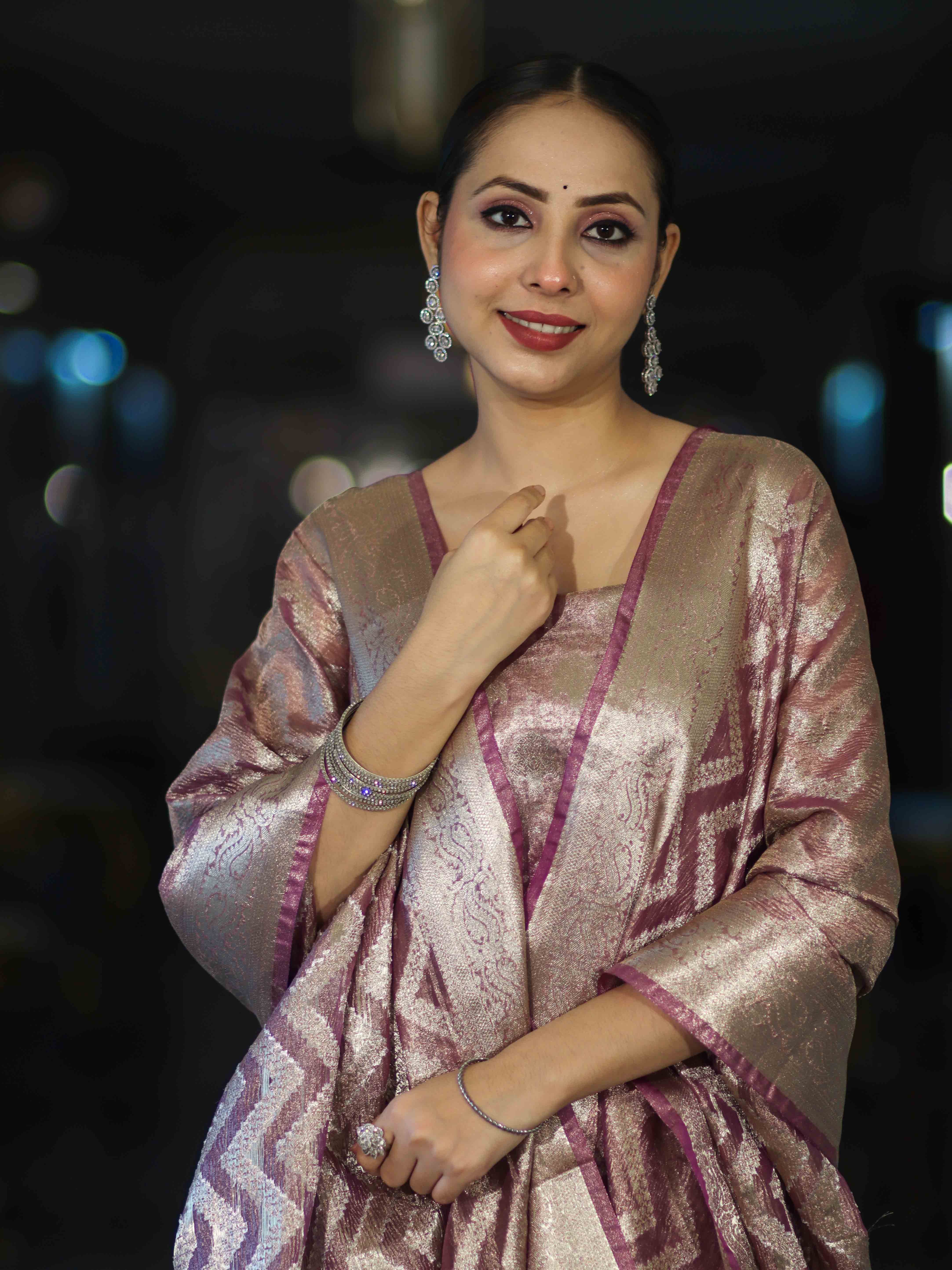 Banarasee Tissue Zari Work Salwar Kameez Fabric With Dupatta Set-Pink