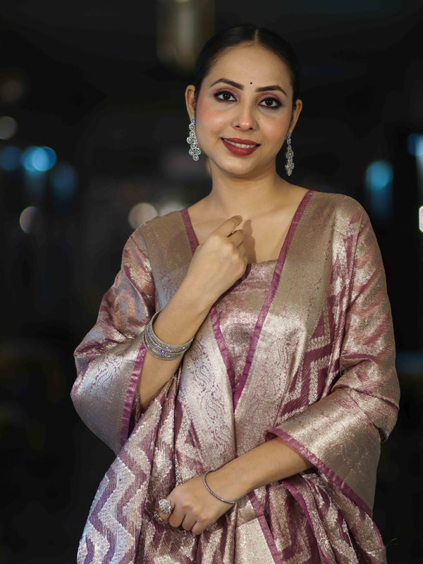 Banarasee Tissue Zari Work Salwar Kameez Fabric With Dupatta Set-Pink