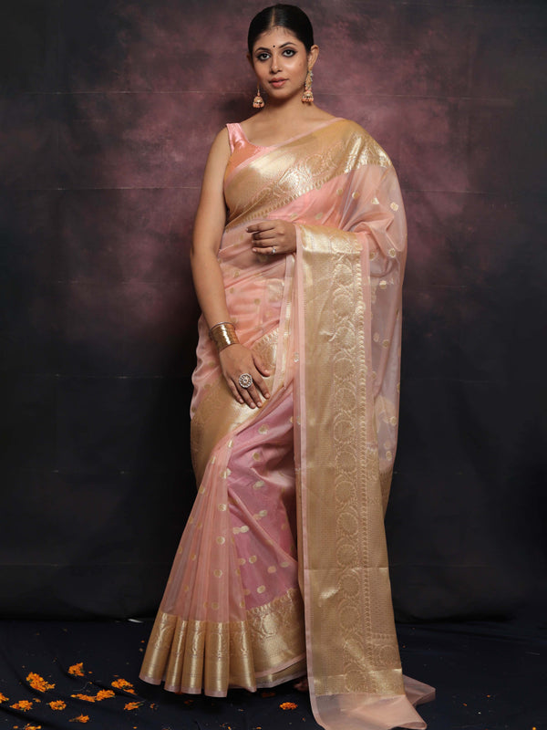 Banarasee Organza Mix Saree With Zari Buti & Border-Pink