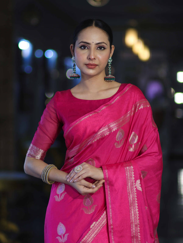 Banarasee Handloom Semi Silk Saree With Buta Design & Plain Border-Magenta