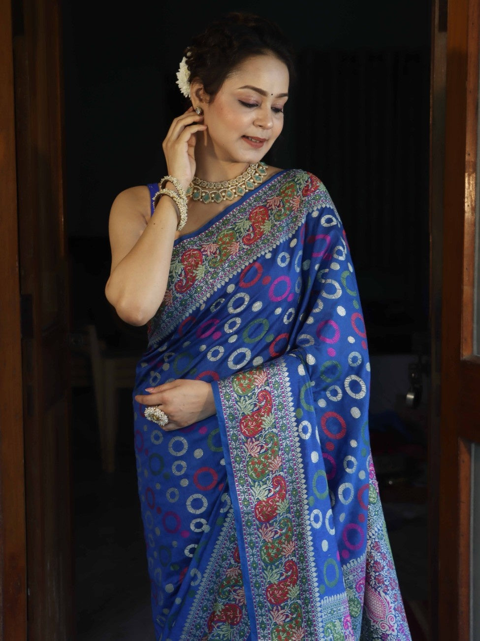 Banarasee Semi Georgette Saree With Resham Buti Design & Border-Cobalt Blue