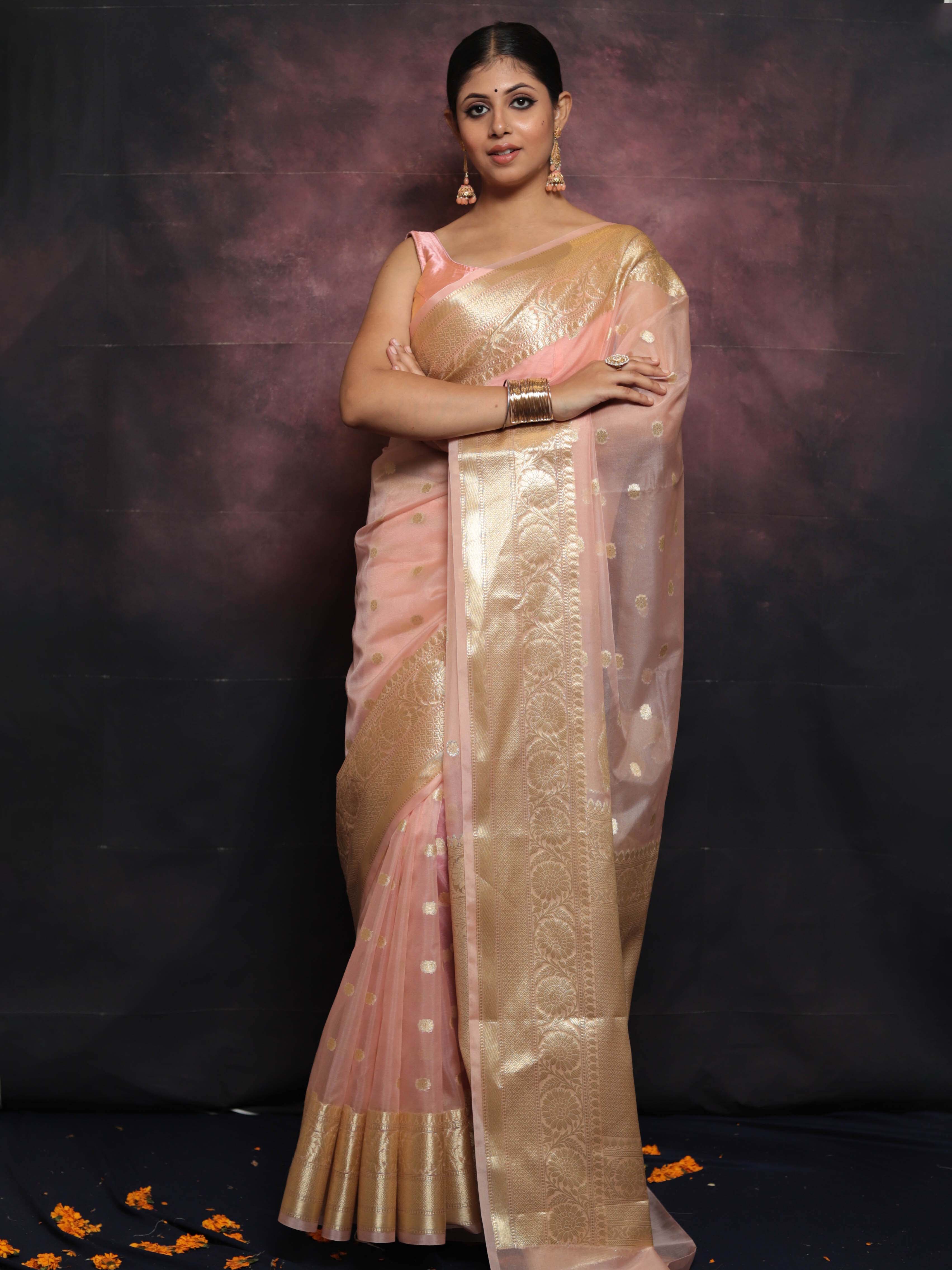 Banarasee Organza Mix Saree With Zari Buti & Border-Pink