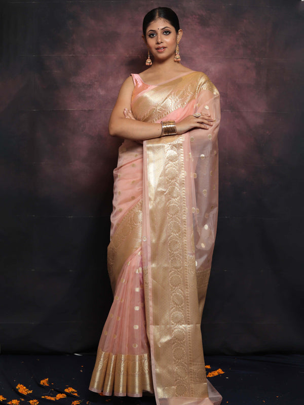 Banarasee Organza Mix Saree With Zari Buti & Border-Pink