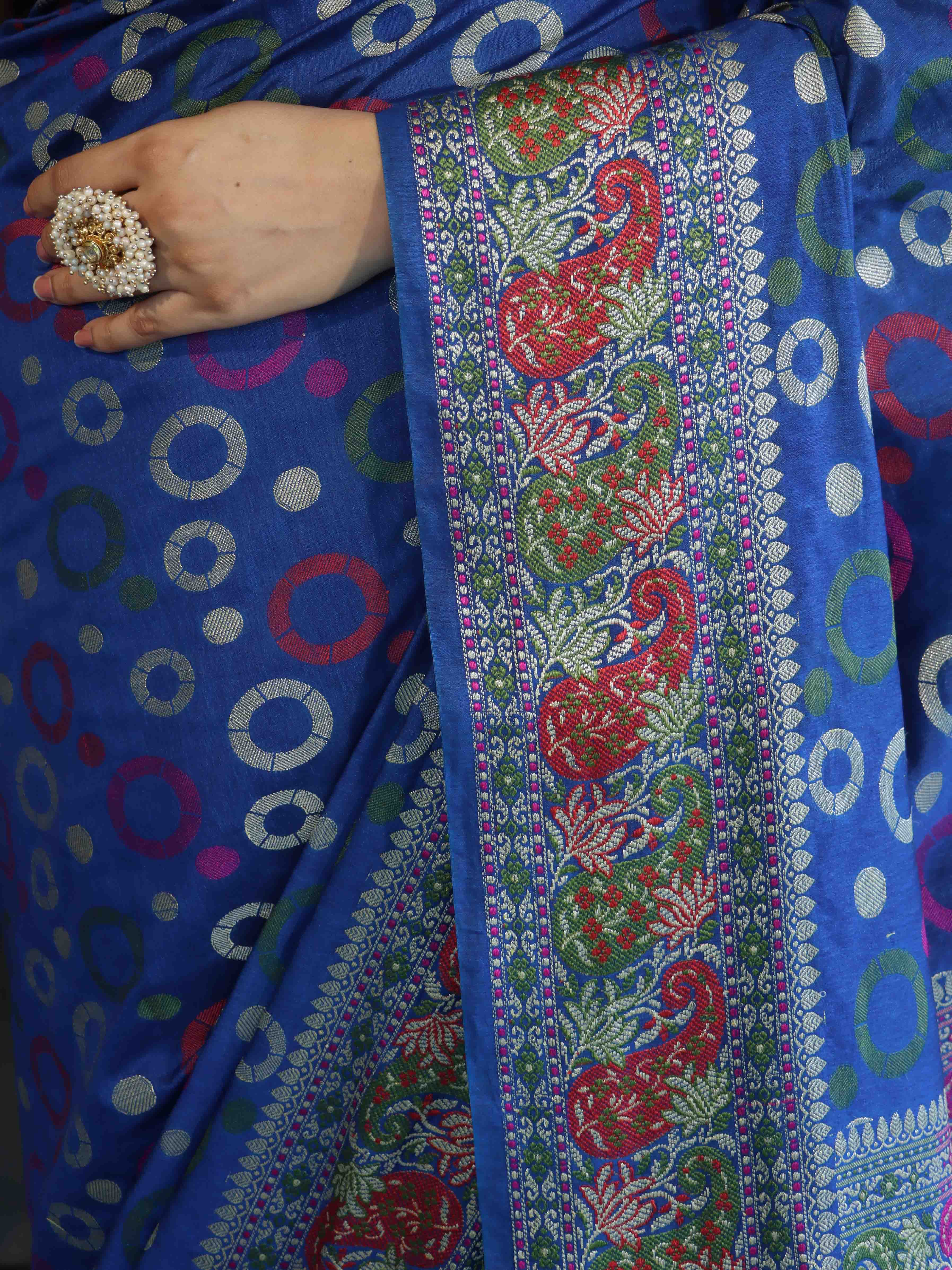 Banarasee Semi Georgette Saree With Resham Buti Design & Border-Cobalt Blue